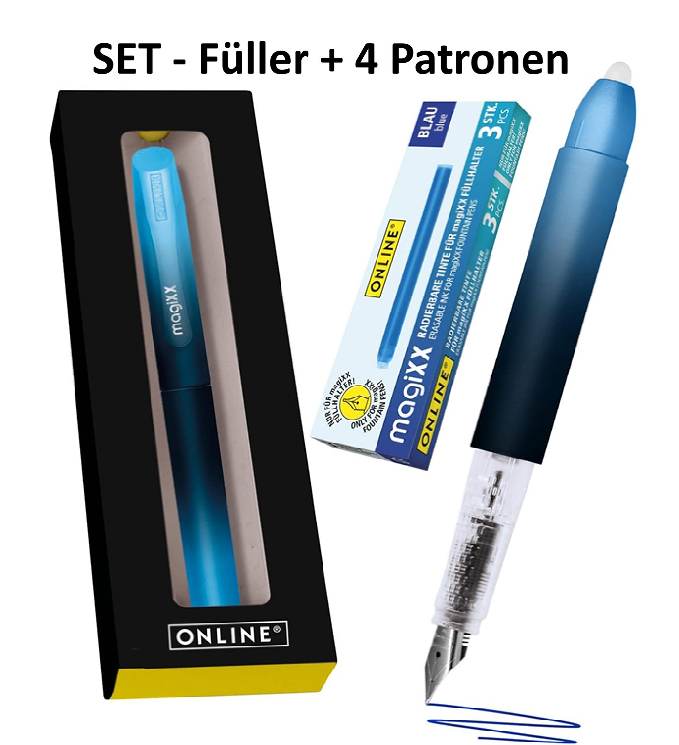 Radierbarer Füller für Schule -  MagiXX Blau/Silber + 4 Patronen blau Online - deep ocean