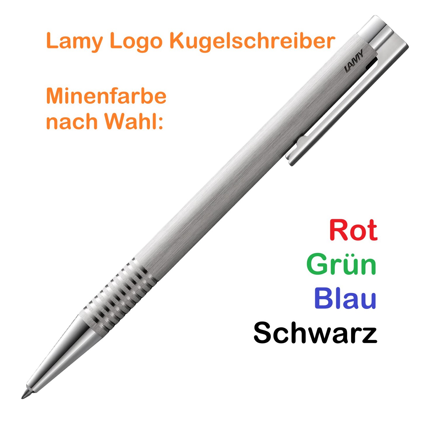 LAMY logo Kugelschreiber 206 Silber gebürstet mit Minenwechsel / Farbwunsch (grün, schwarz, rot und blau)