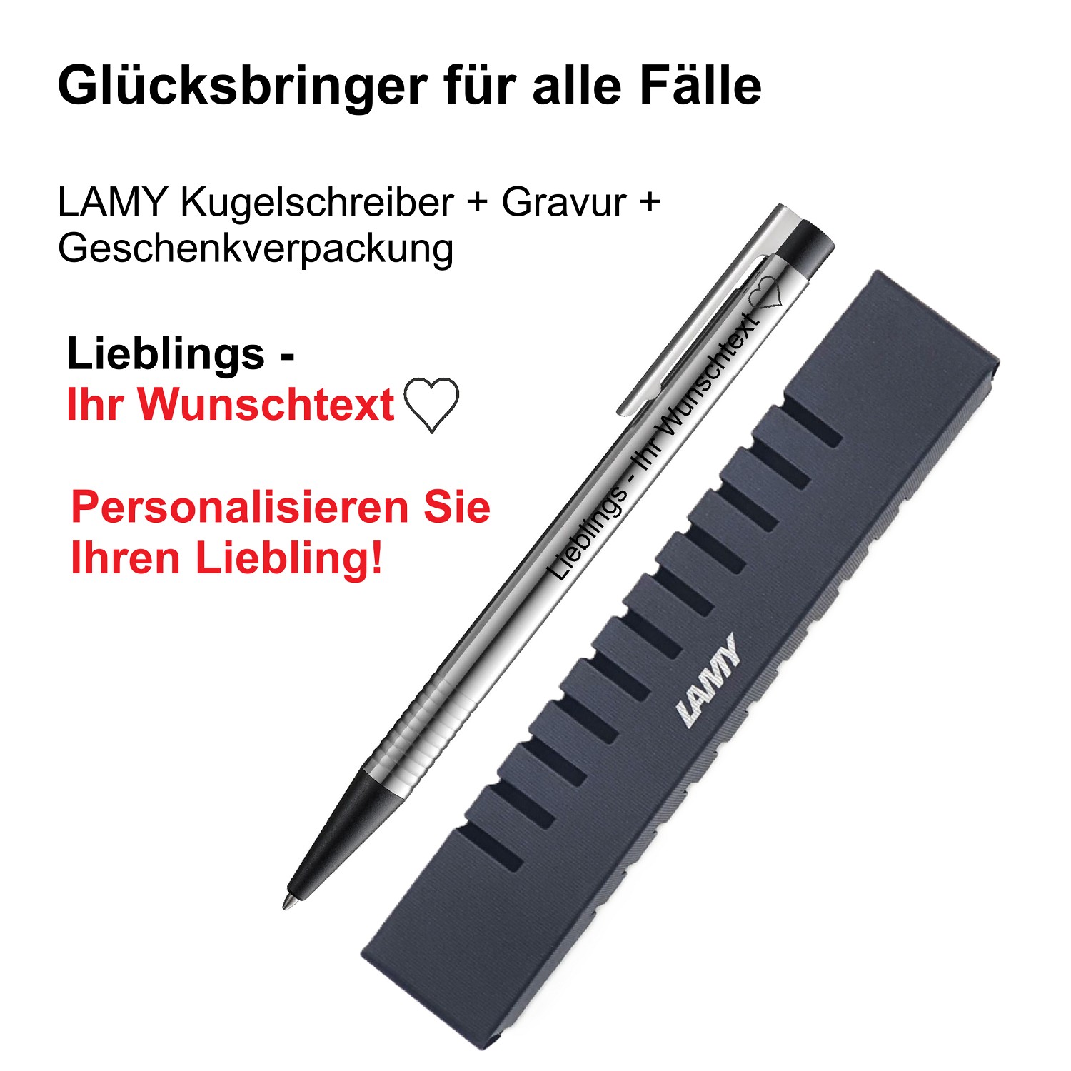 LAMY Kugelschreiber schwarz Geschenk Gravur Kleeblatt Prüfung Glücksbringer Liebe Lieblings + Wunschtext