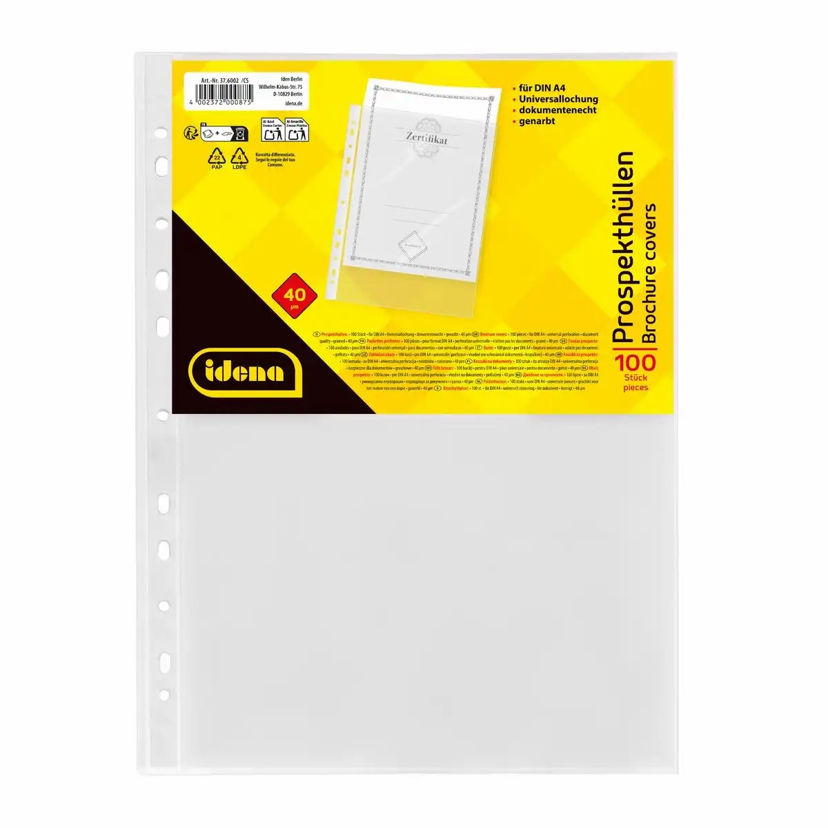 Idena Prospekthüllen aus Kunststoff genarbt 40µ DIN A4 100 S
