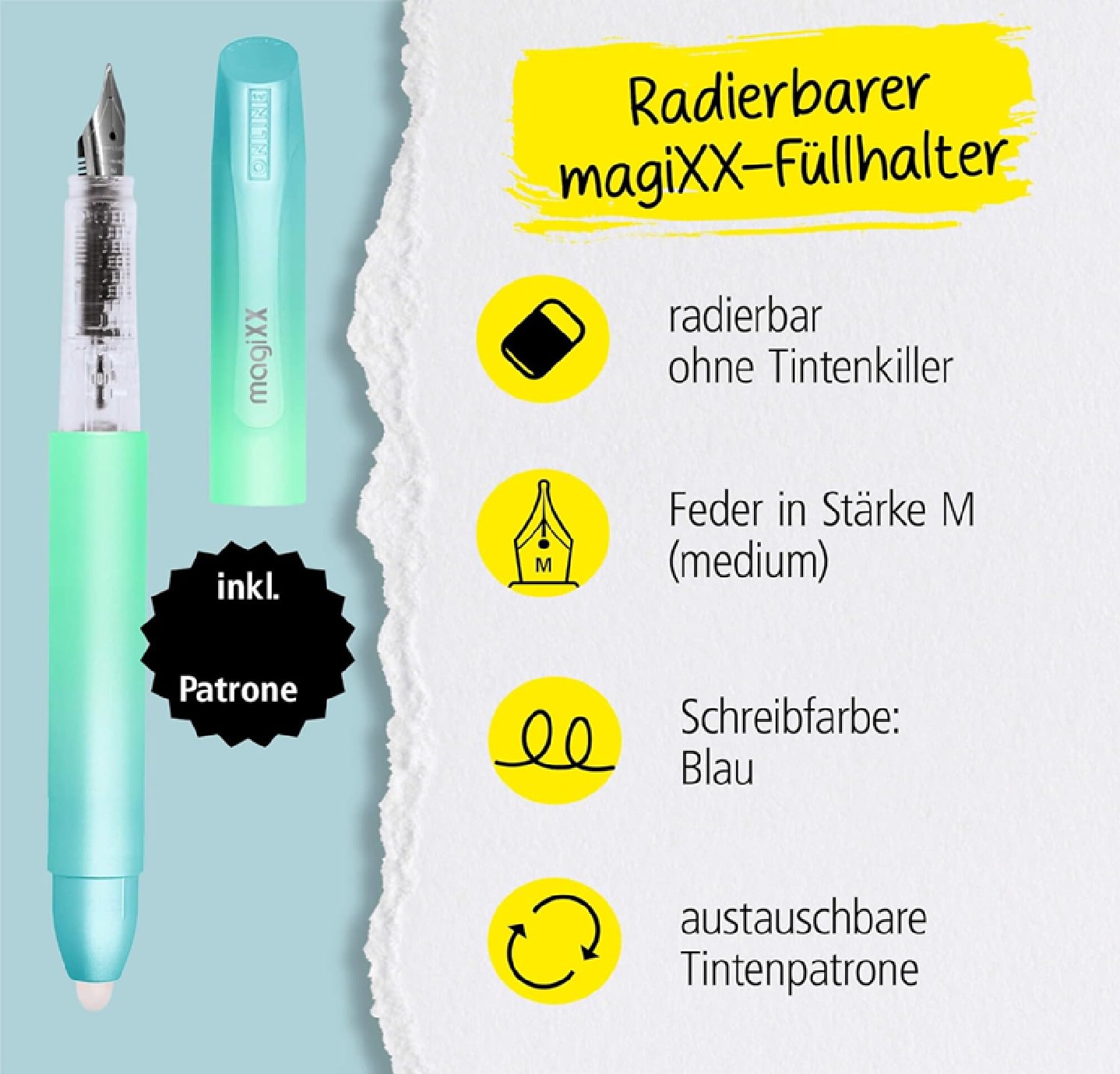 Radierbarer Füller für Schule -  MagiXX Türkis/Grün/Silber + Patrone blau - Online - turquoise dreams