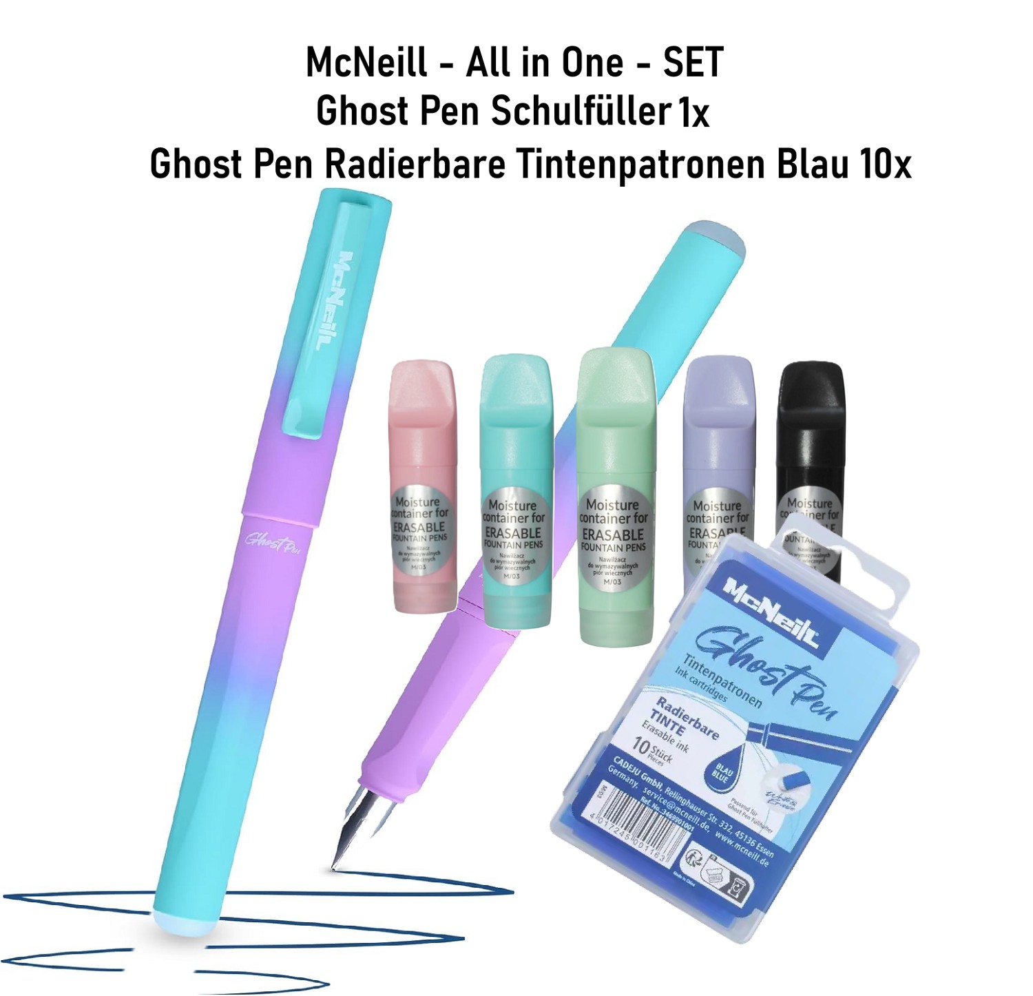 1x McNeill Befeuchter + radierbare Patronen + Ghost Pen Füller Lila Blau - SET