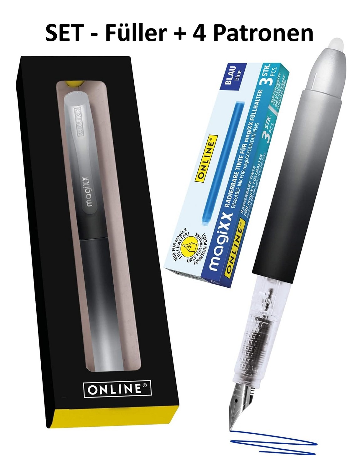 SET: Radierbarer Füller für Schule -  MagiXX Schwarz/Silber + 4 Patronen blau Online - dark shadow