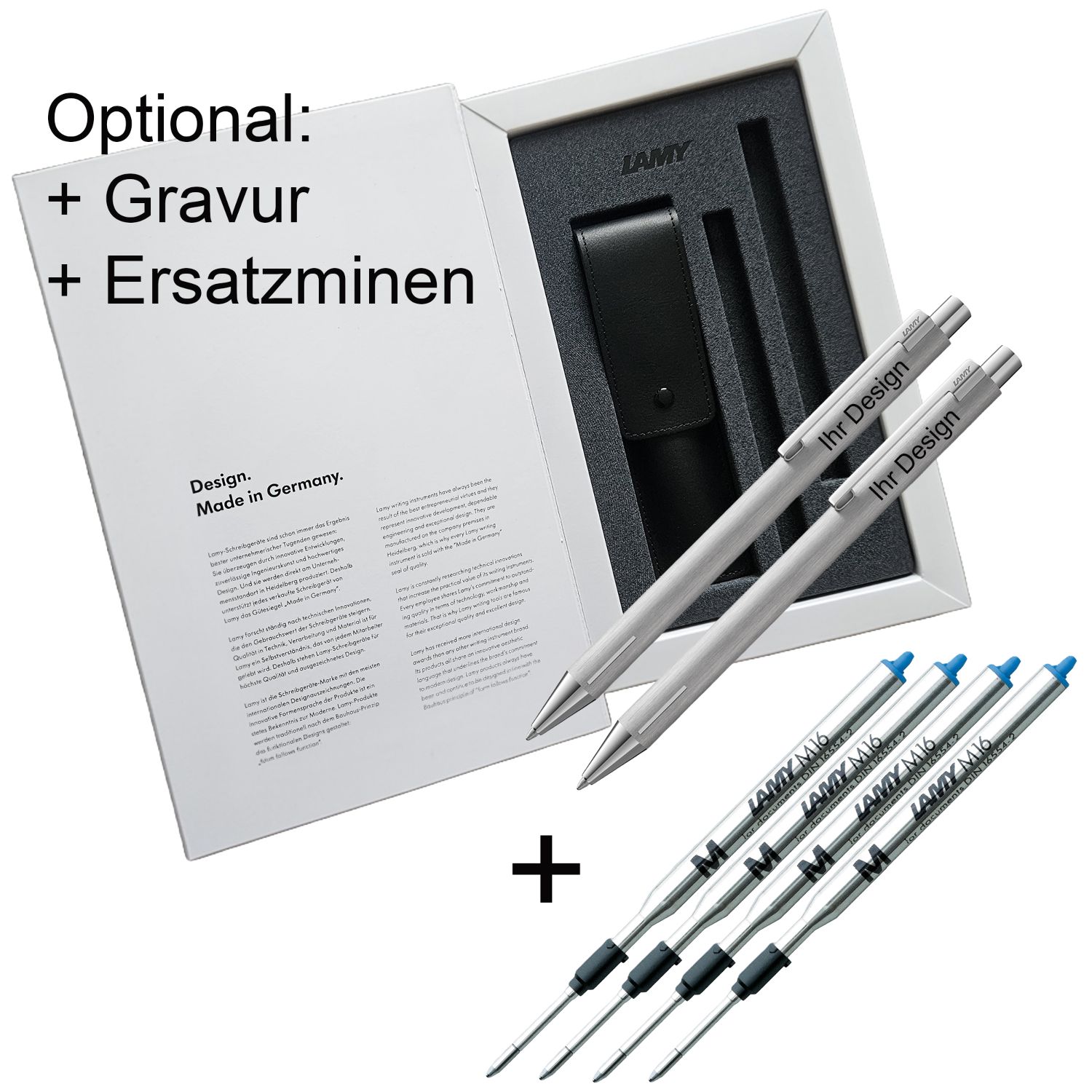 LAMY Econ SET 240 - 2x Kugelschreiber silber brushed + brushed Gravur M16 blau Ersatzminen AUSWAHL