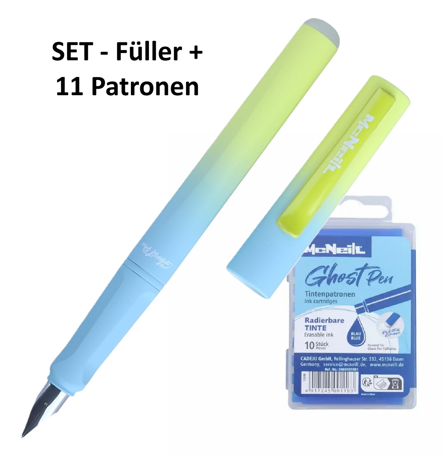 McNeill Ghost Pen Türkis Füller + 11 Patronen blau löschbar/radierbar - SET