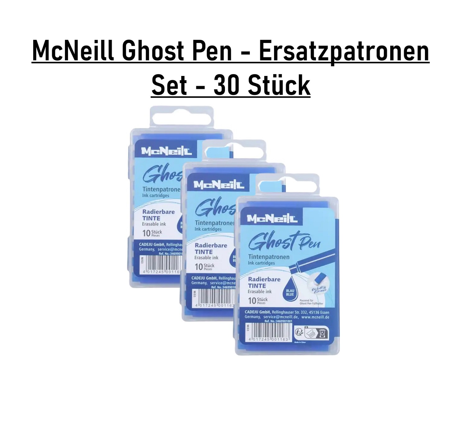 30x McNeill Tinten Patronen Blau löschbar/radierbar in Etui - GHOST PEN - SET