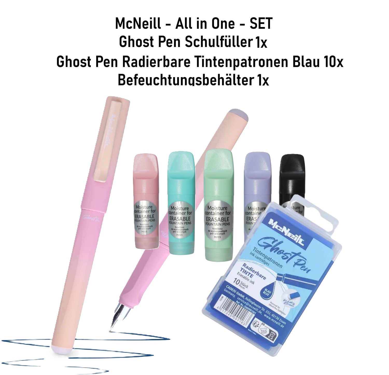 1x McNeill Befeuchter + radierbare Patronen + Ghost Pen Füller Rosa Pastell SET