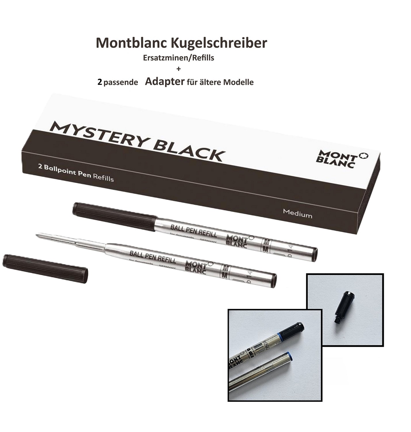 2x MONTBLANC Ersatzmine Kugelschreiber M Schwarz + 2 x passender Adapter Schwarz