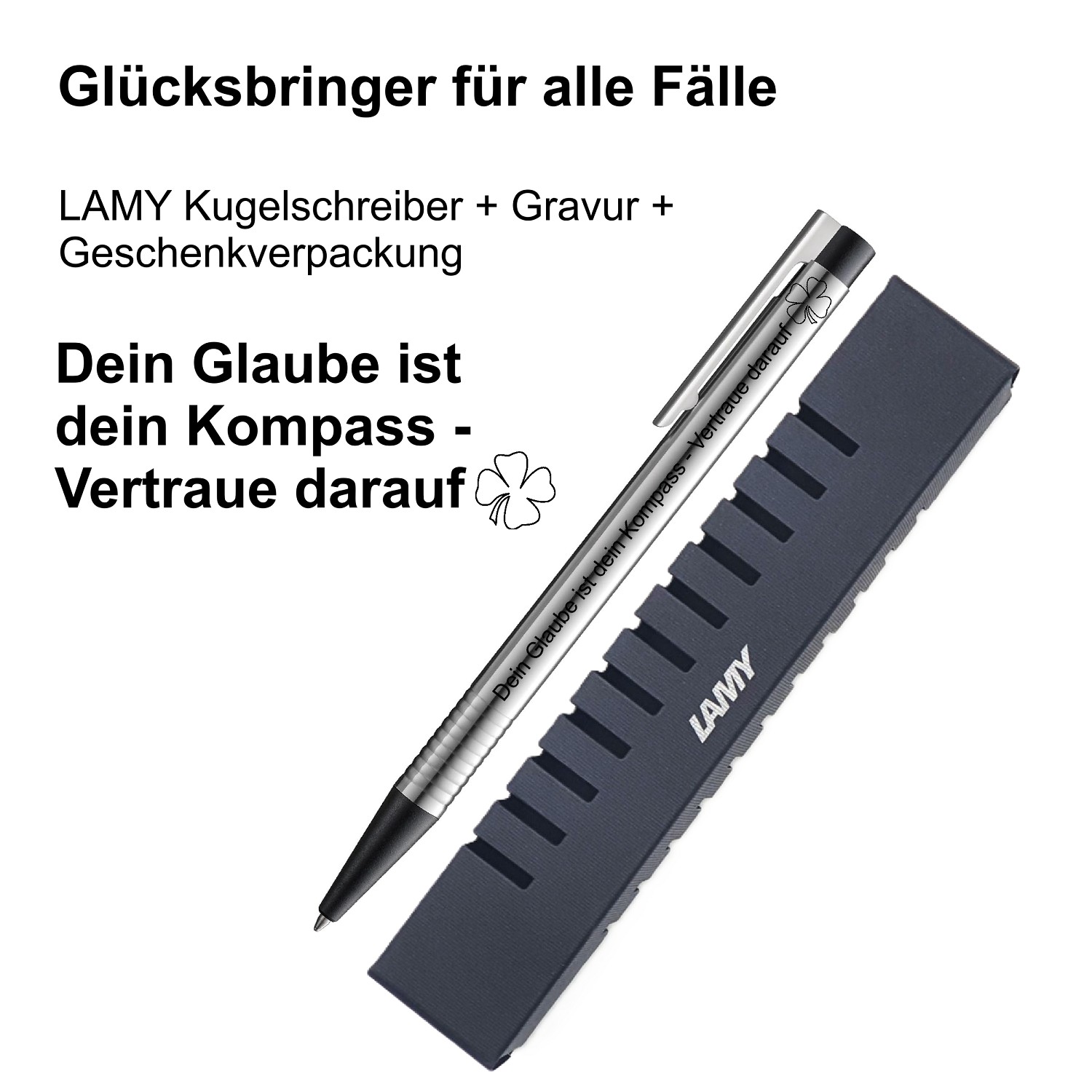 LAMY Kugelschreiber schwarz Geschenk Gravur Kleeblatt Prüfung Glücksbringer Dein Glaube ist dein Kompass - Vertraue darauf