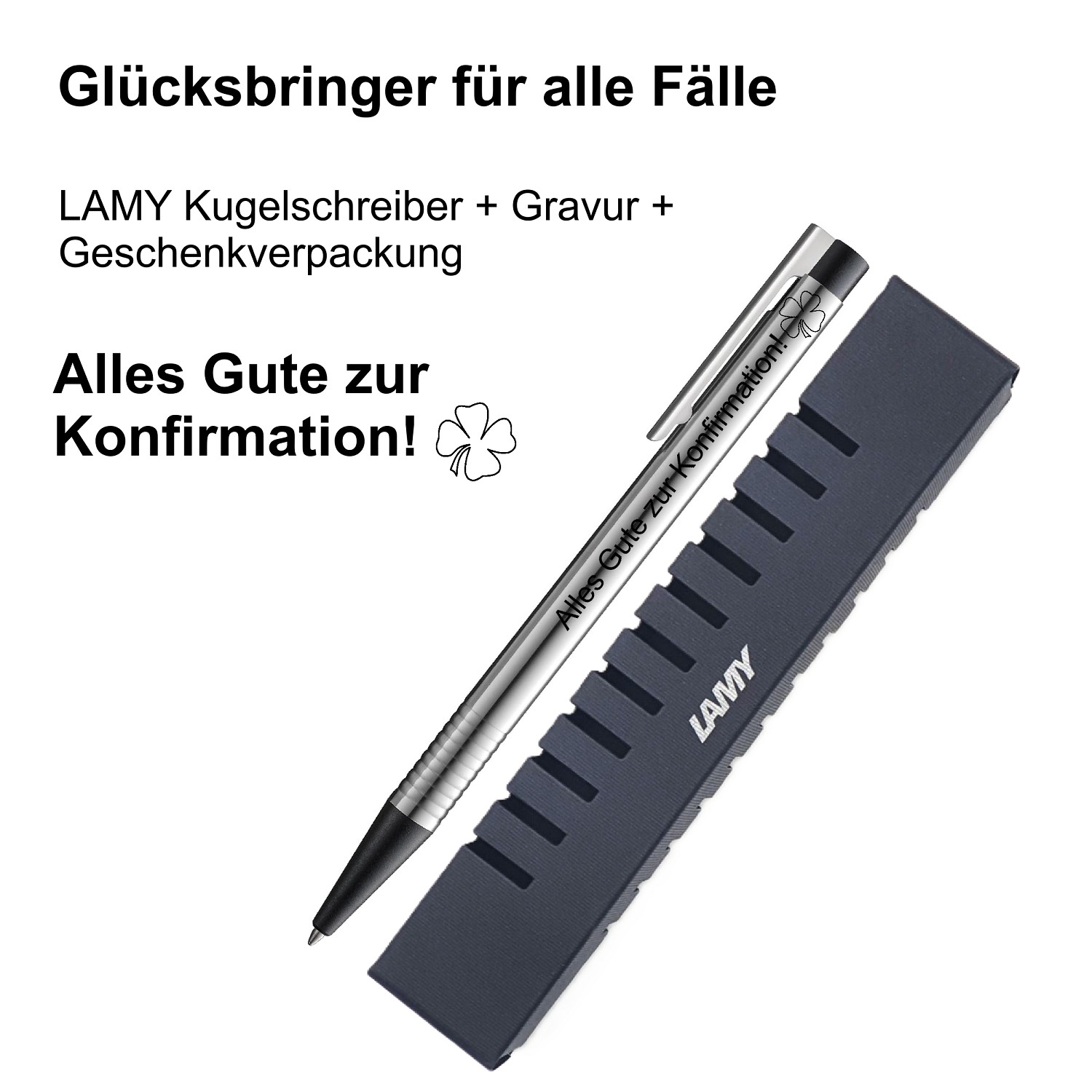 LAMY Kugelschreiber schwarz Geschenk Gravur Kleeblatt Prüfung Glücksbringer Alles Gute zur Konfirmation!