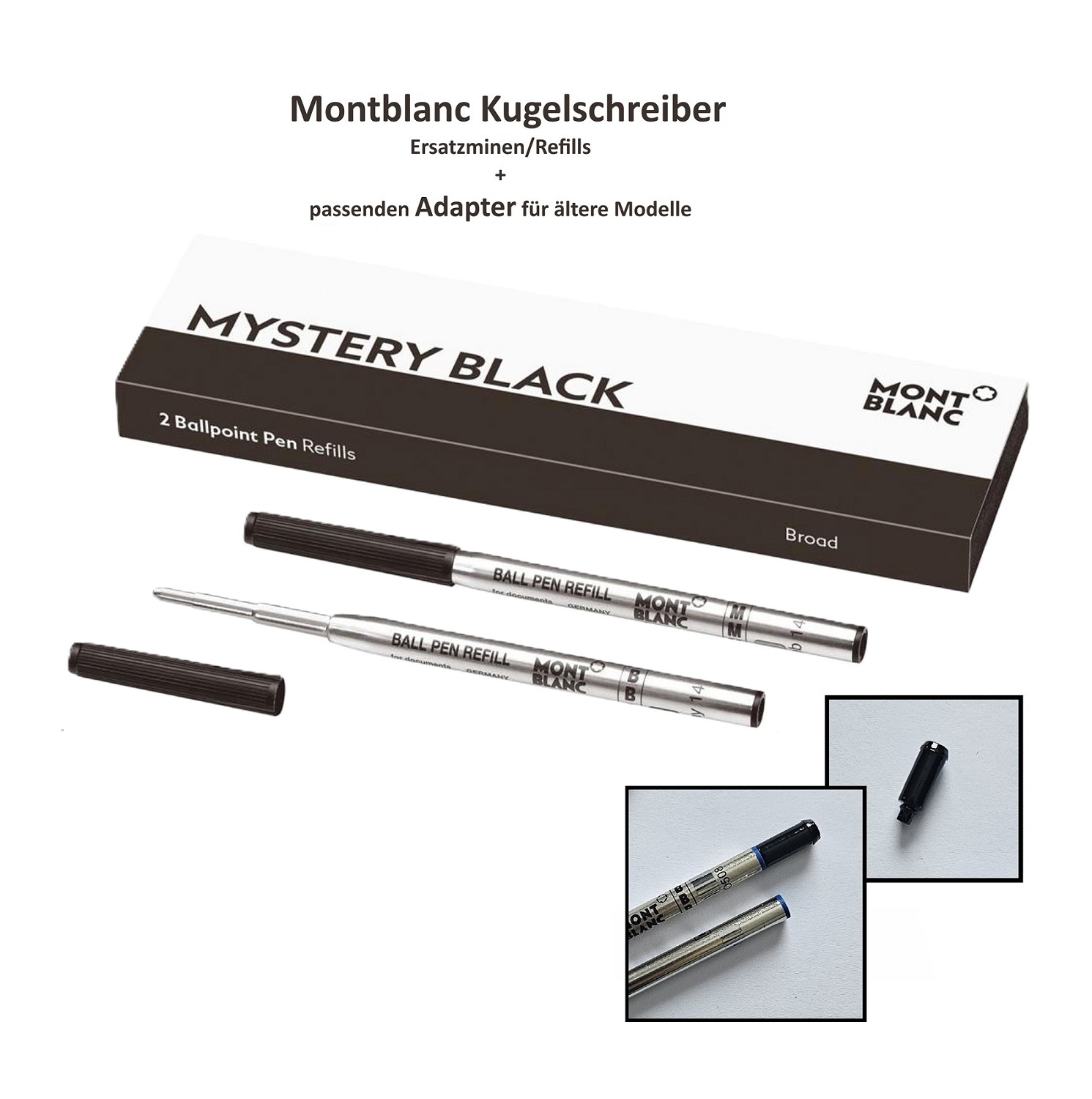 2x MONTBLANC Ersatzmine Kugelschreiber B Schwarz + 1 x passender Adapter Schwarz