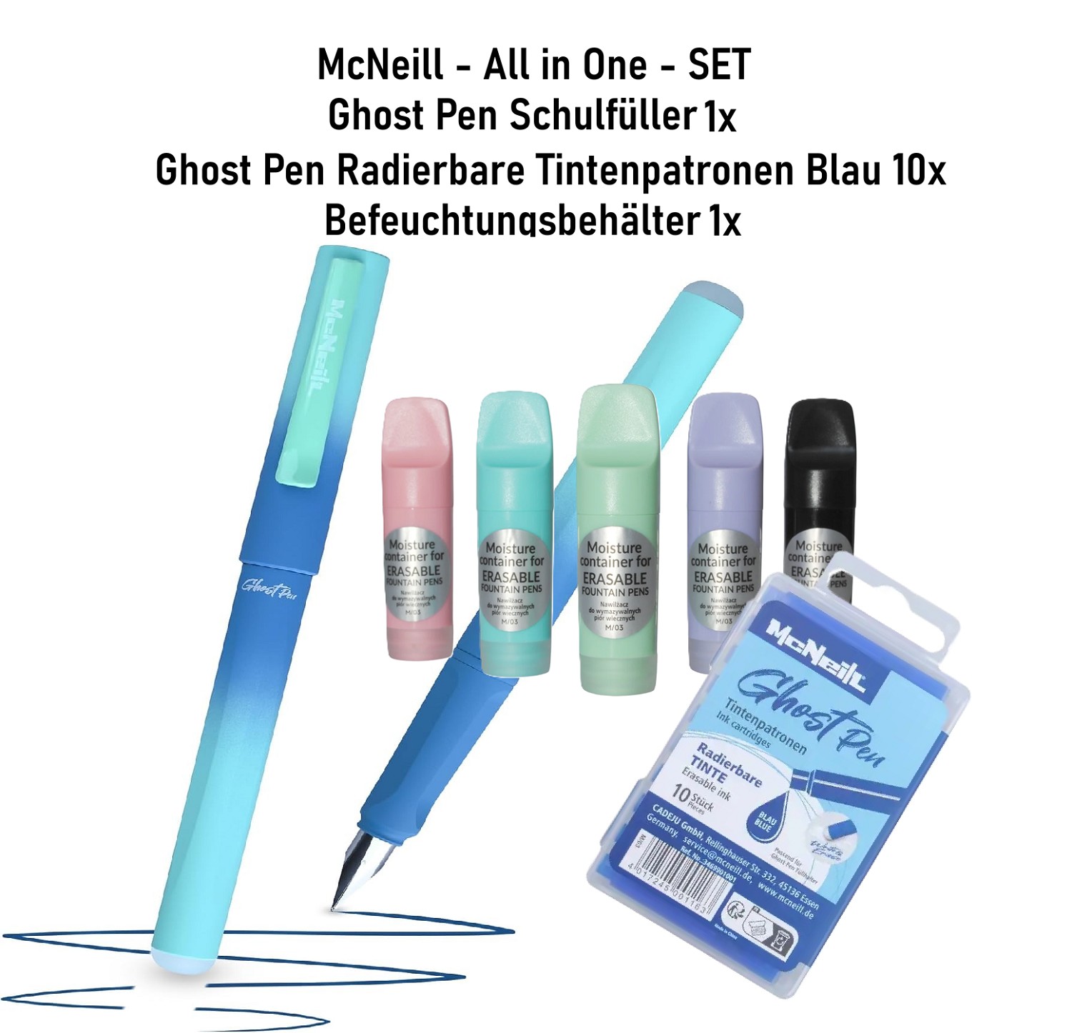 1x McNeill Befeuchter + radierbare Patronen + Ghost Pen Füller Lagoon Blau SET