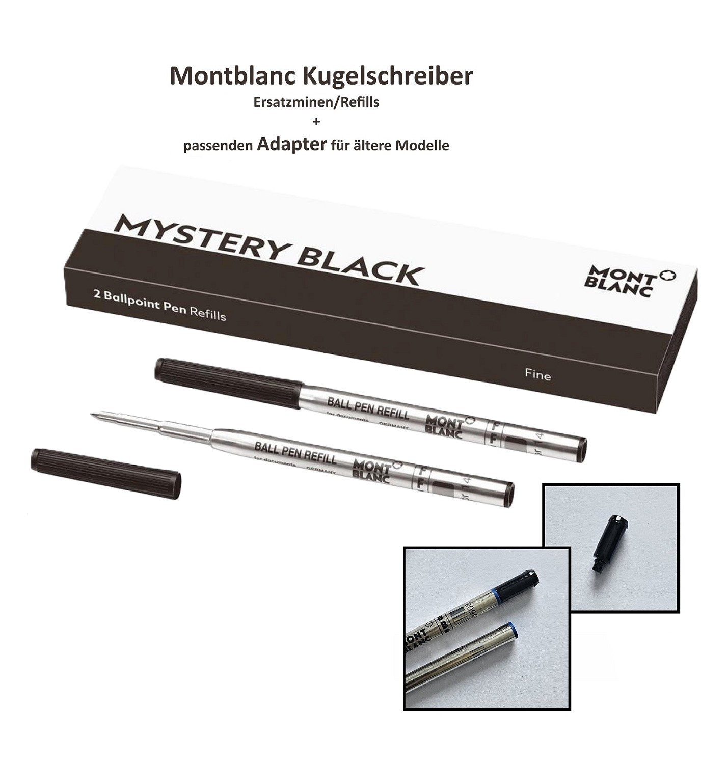 2x MONTBLANC Ersatzmine Kugelschreiber F Schwarz + 1 x passender Adapter Schwarz