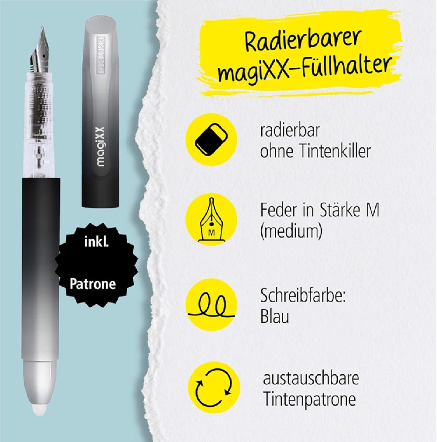 Radierbarer Füller für Schule -  MagiXX Schwarz/Silber + Patrone blau - Online - dark shadow