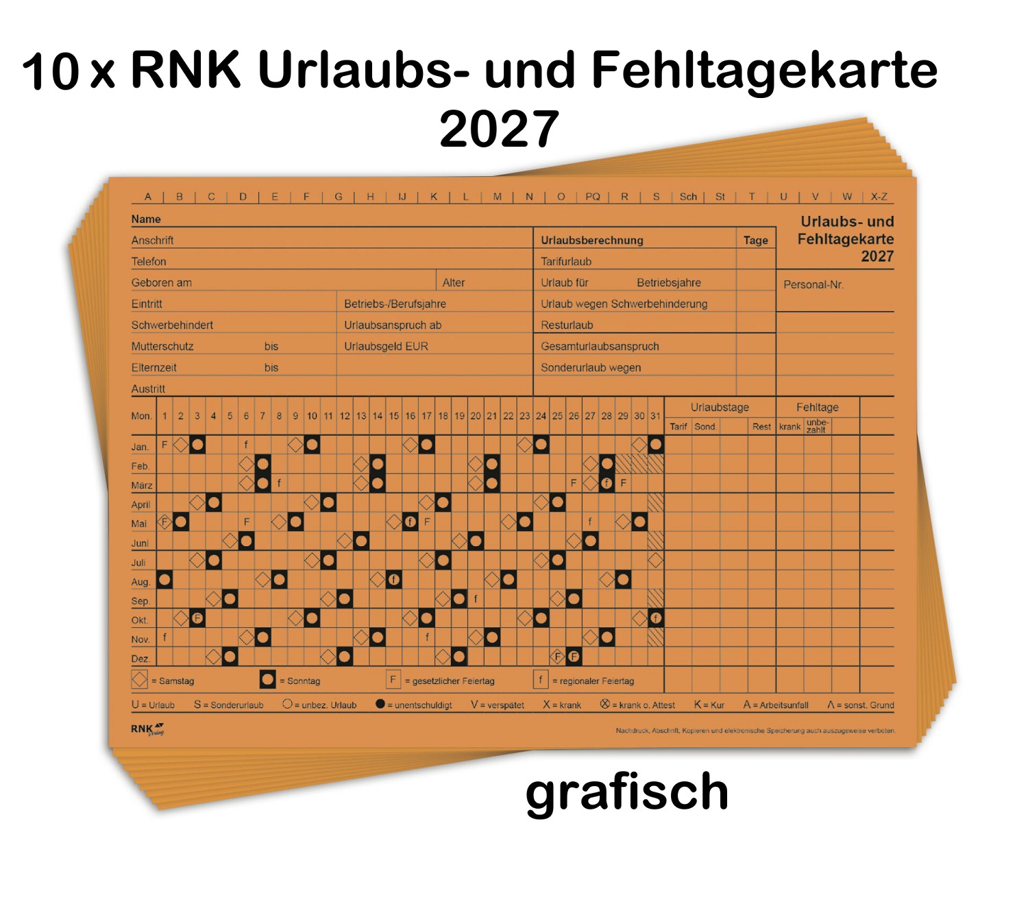 10x RNK Urlaubs- und Fehltagekarte 2026 - Personalplamnung - A5 quer grafisch - orange