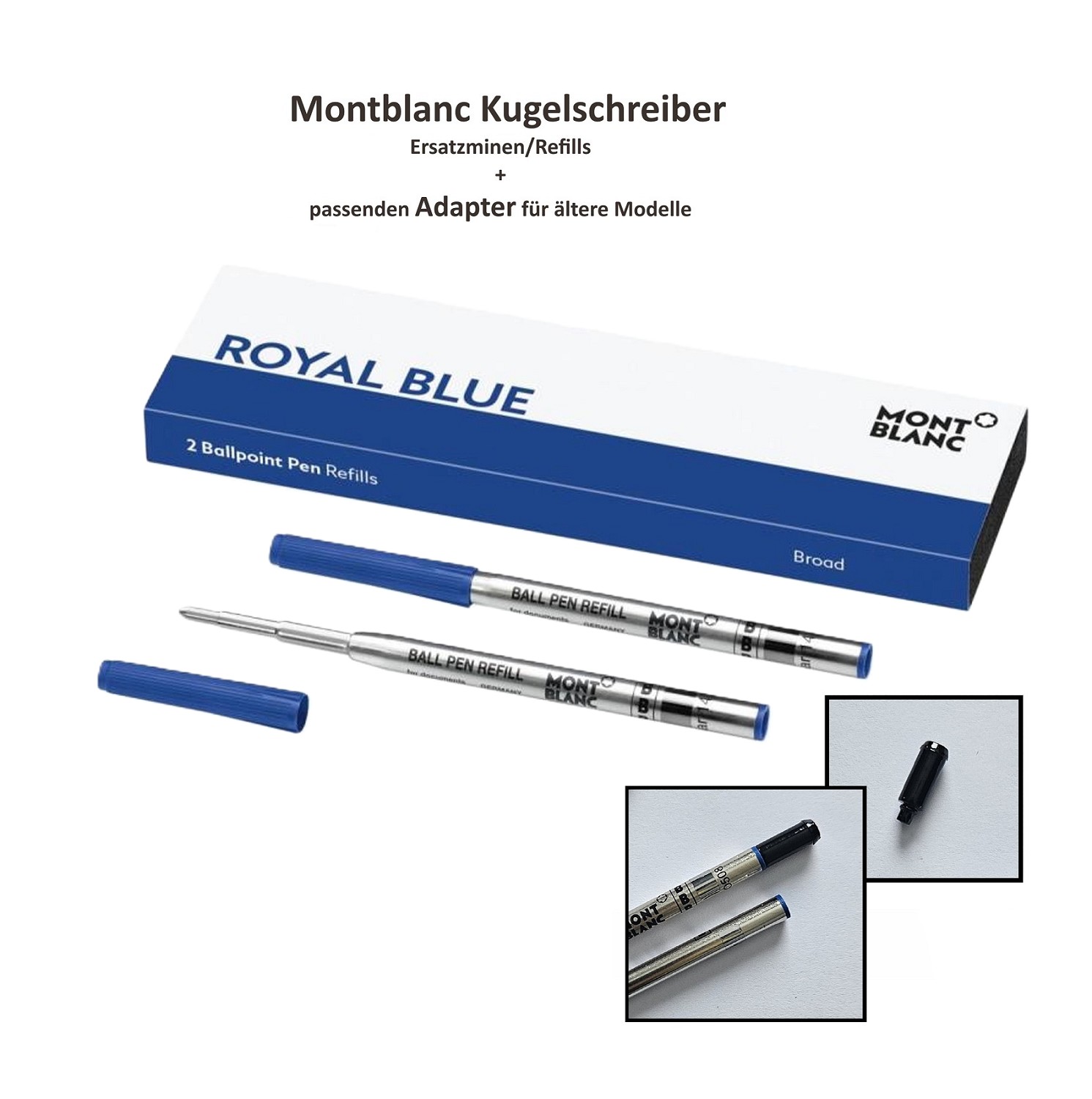 2x MONTBLANC Ersatzmine Kugelschreiber B Blau + 1 x passender Adapter Schwarz