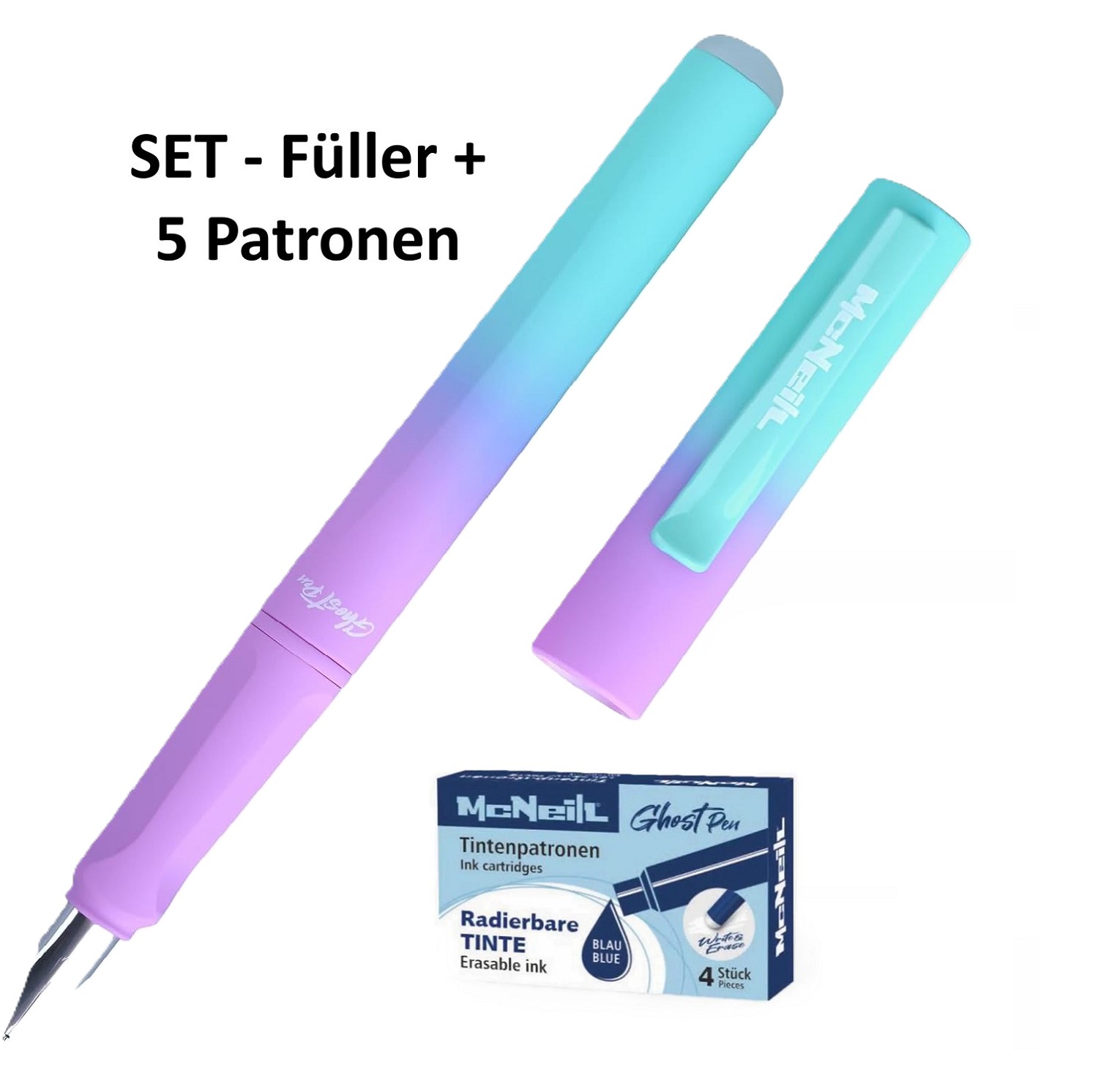 McNeill Ghost Pen Lila Türkis Füller + 5 Patronen blau löschbar/radierbar - SET