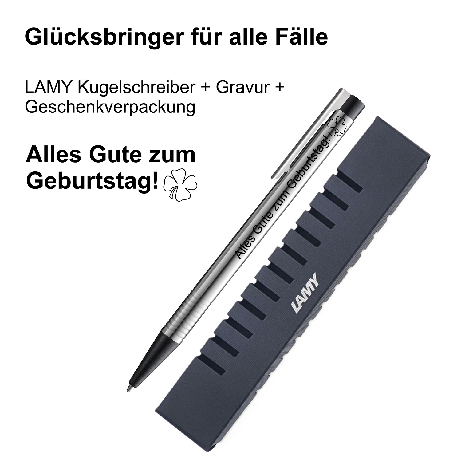 LAMY Kugelschreiber schwarz Geschenk Gravur Kleeblatt Prüfung Glücksbringer Alles Gute zum Geburtstag!