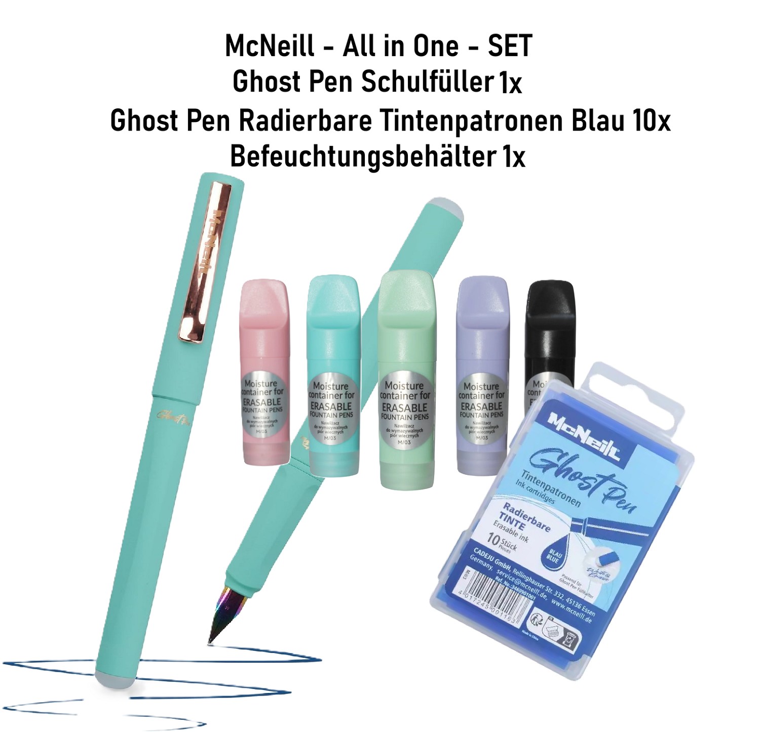 1x McNeill Befeuchter + radierbare Patronen + Ghost Pen Füller Mint Pastell SET