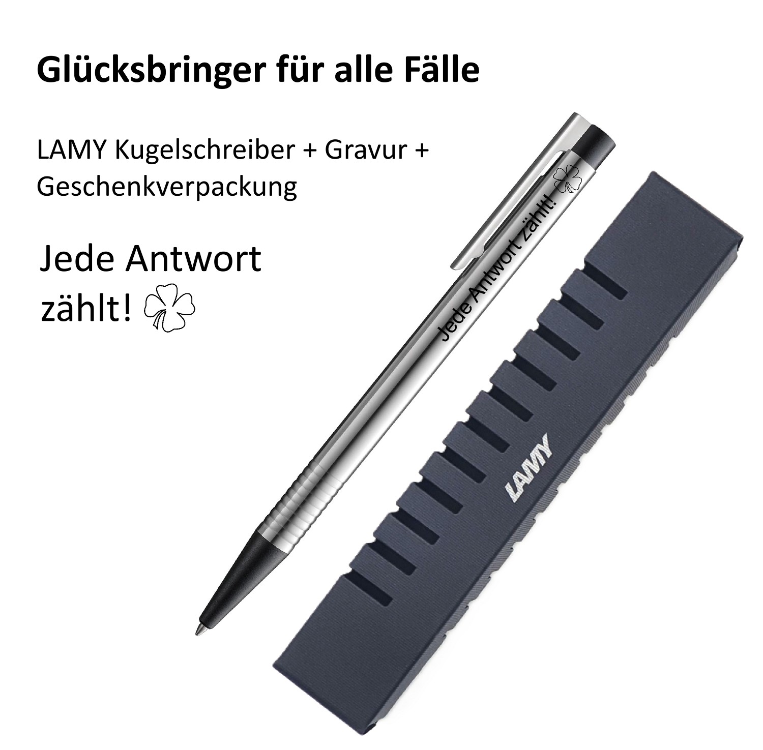 LAMY Kugelschreiber schwarz Geschenk Gravur Kleeblatt Prüfung Glücksbringer Jede Antwort zählt!