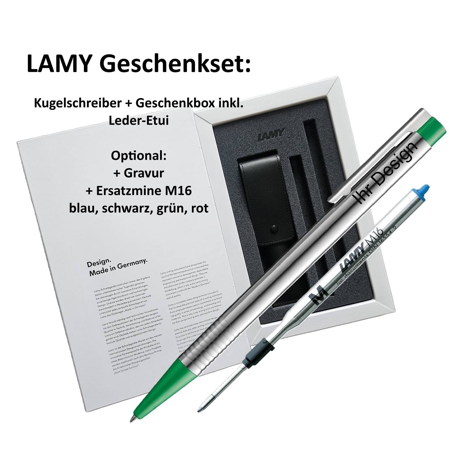 LAMY GESCHENK SET - Logo Kugelschreiber Grün + Box + Ersatz Mine M16 M blau
