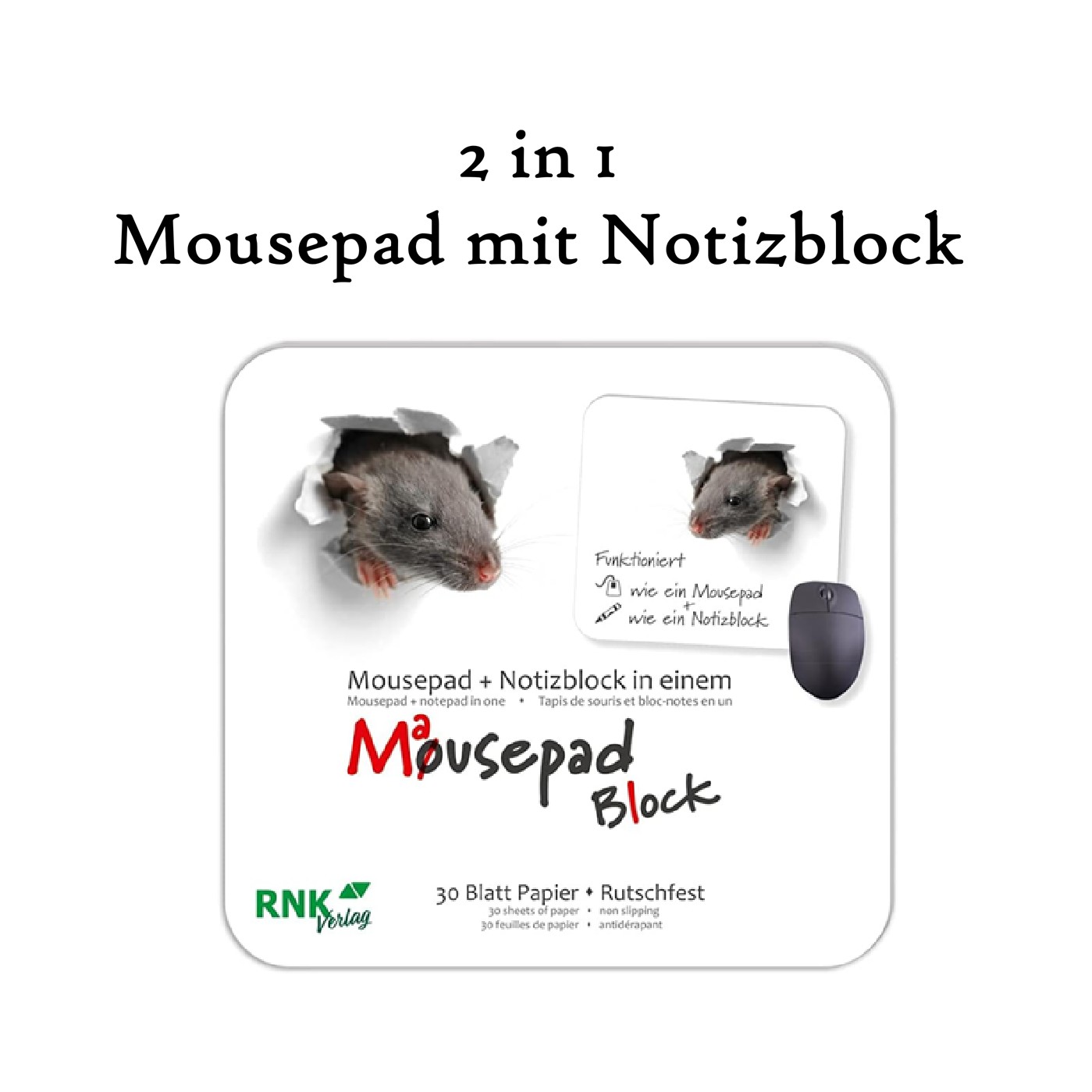 RNK Mousepad mit Notizblock - lustiges Maus Design - 30 Blatt - geleimt - platzsparend
