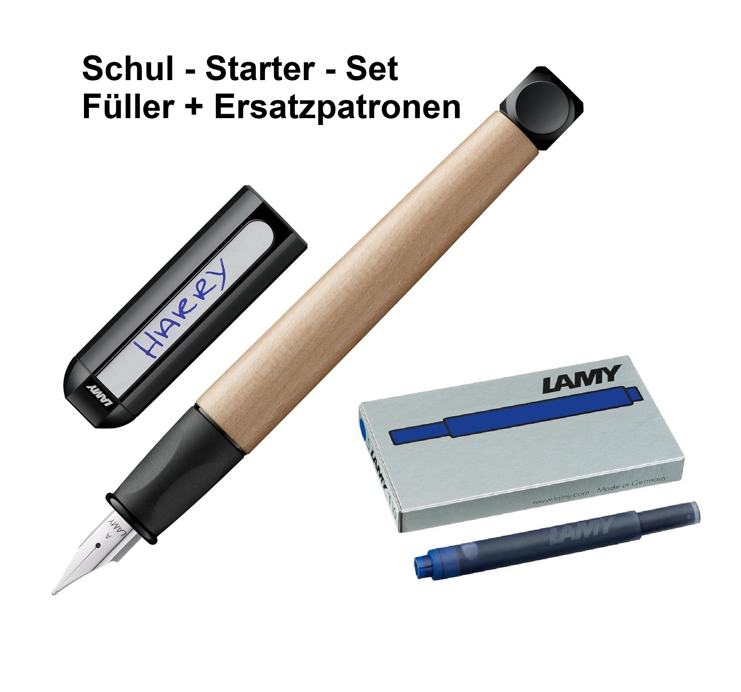LAMY ABC Holz Füller Schwarz A Anfänger Schulfüller + Tintenpatrone blau - SET