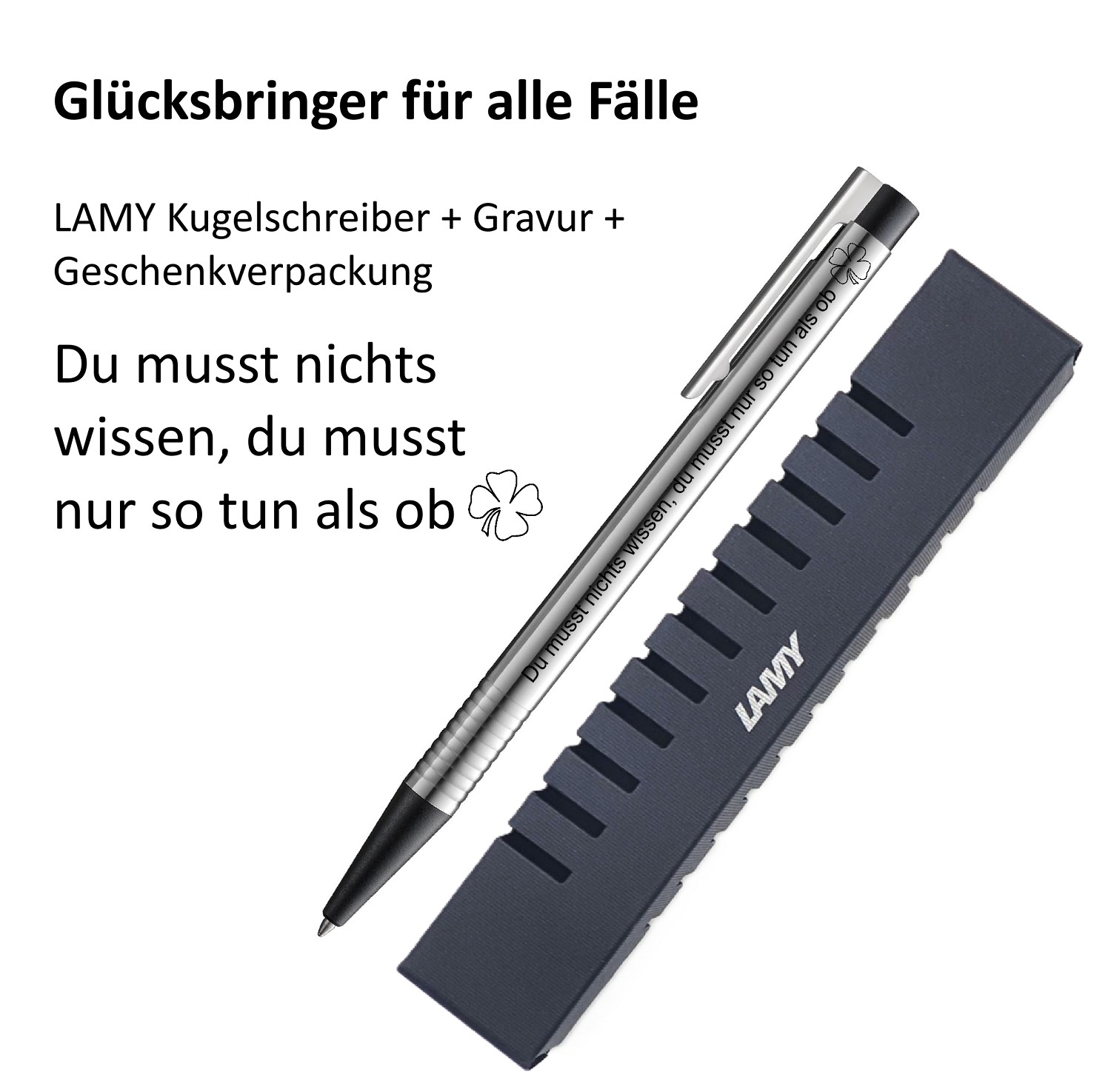 LAMY Kugelschreiber schwarz Geschenk Gravur Kleeblatt Prüfung Glücksbringer Du musst nichts wissen, du musst nur so tun als ob