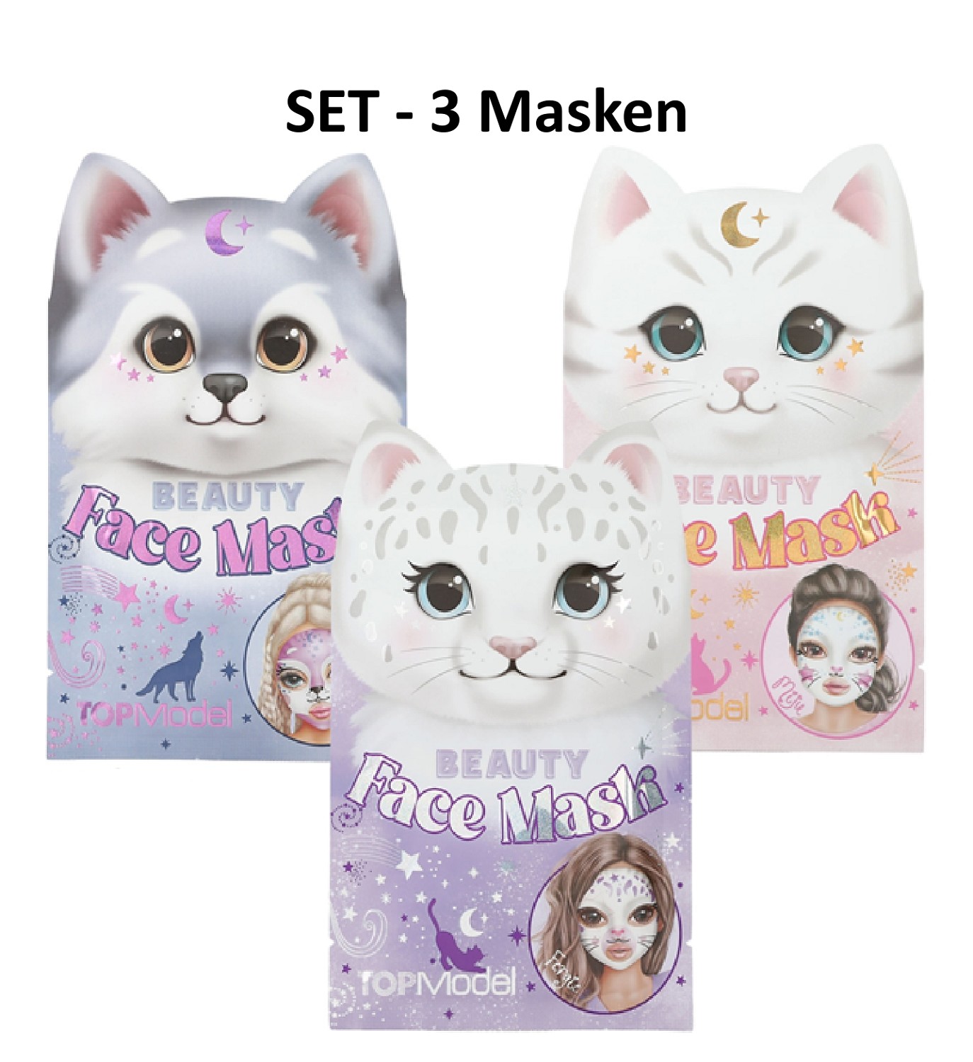 3x TOPMODEL Tuch Maske Face Mask - Pflege für das Gesicht + Feuchtigkeit/Gesichtspflege- Wolf Leopard Eule - Mit Tiergesicht - SET