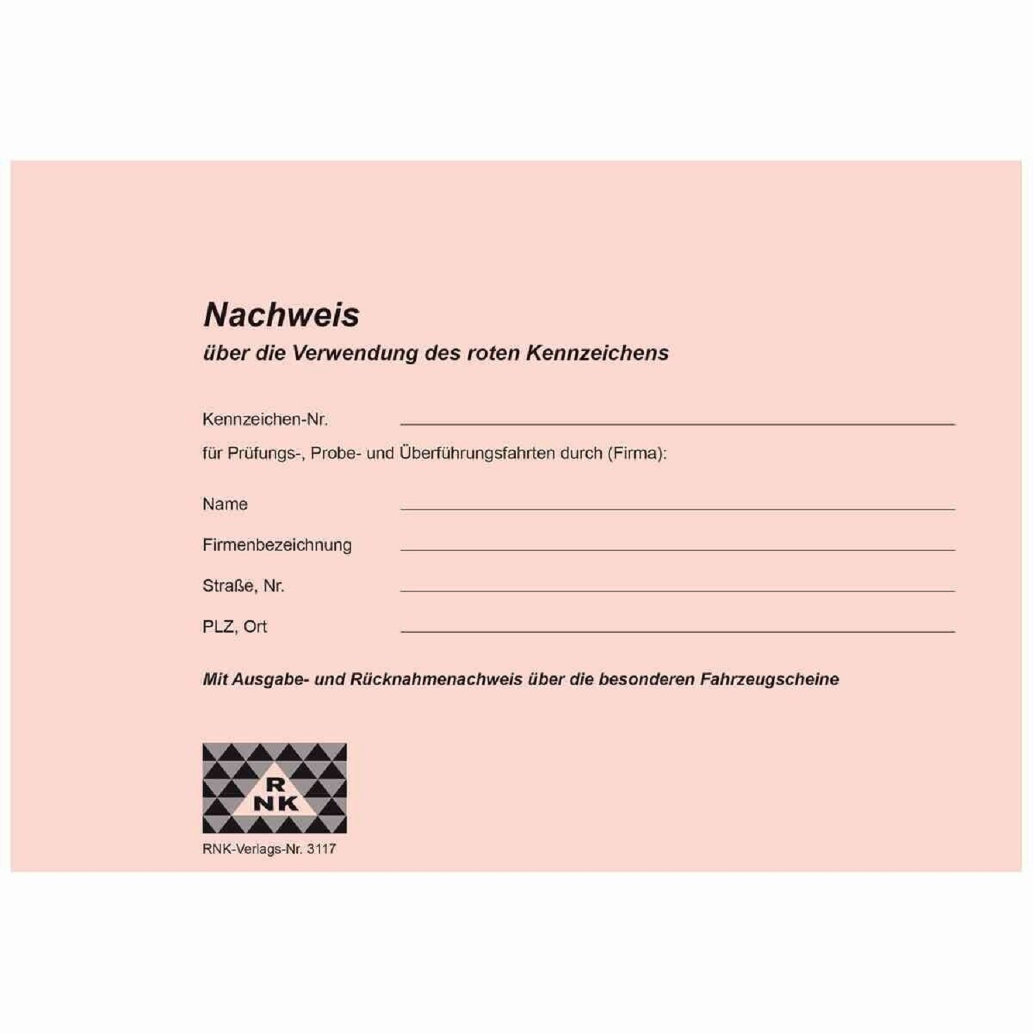 RNK 3117  Nachweisheft Rote Kennzeichen A5 quer 16 Seiten