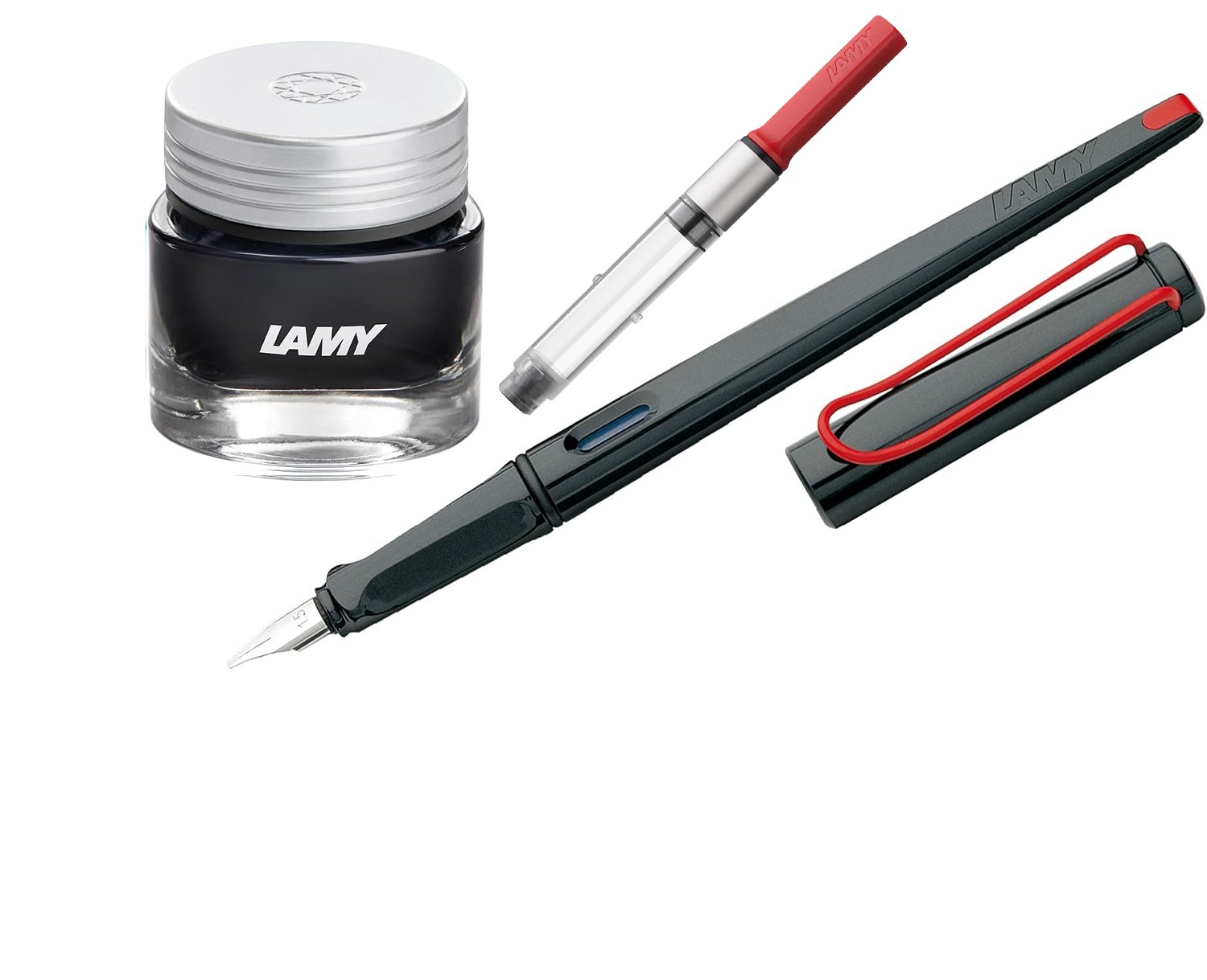 LAMY Geschenk Set - Kalligrafie Joy Füller 015 Schwarz - Kunststoff + Konverter Rot z28 + Tintenglas/Crystal Ink T53 Obsidian/Schwarz