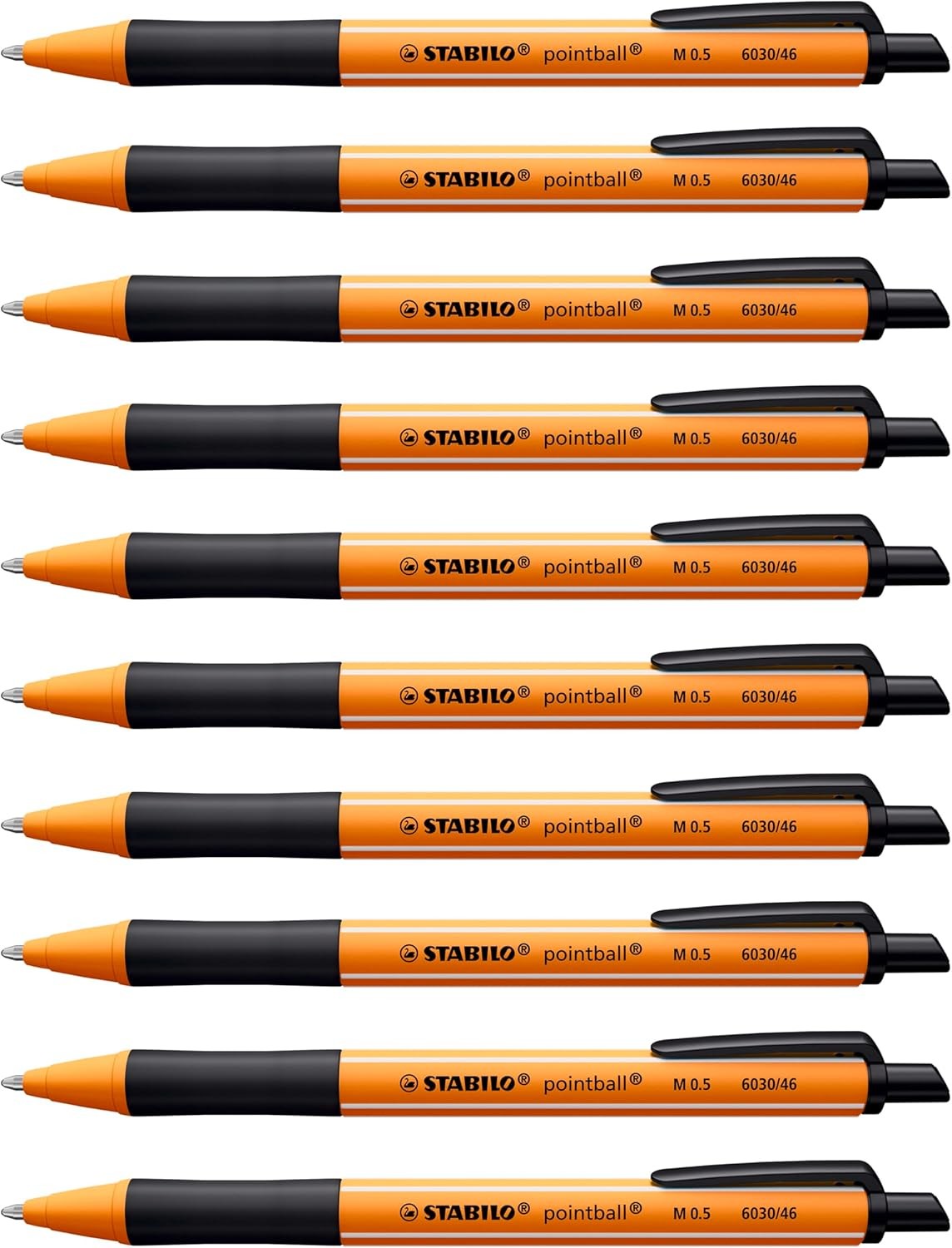 10x Kugelschreiber/Pointball mit Druckknopf + Clip -  STABILO Schwarz 6030 46 0,5