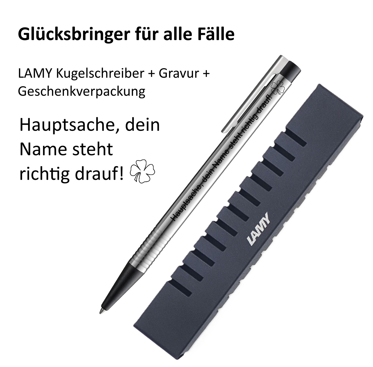 LAMY Kugelschreiber schwarz Geschenk Gravur Kleeblatt Prüfung Glücksbringer Hauptsache, dein Name steht richtig drauf!