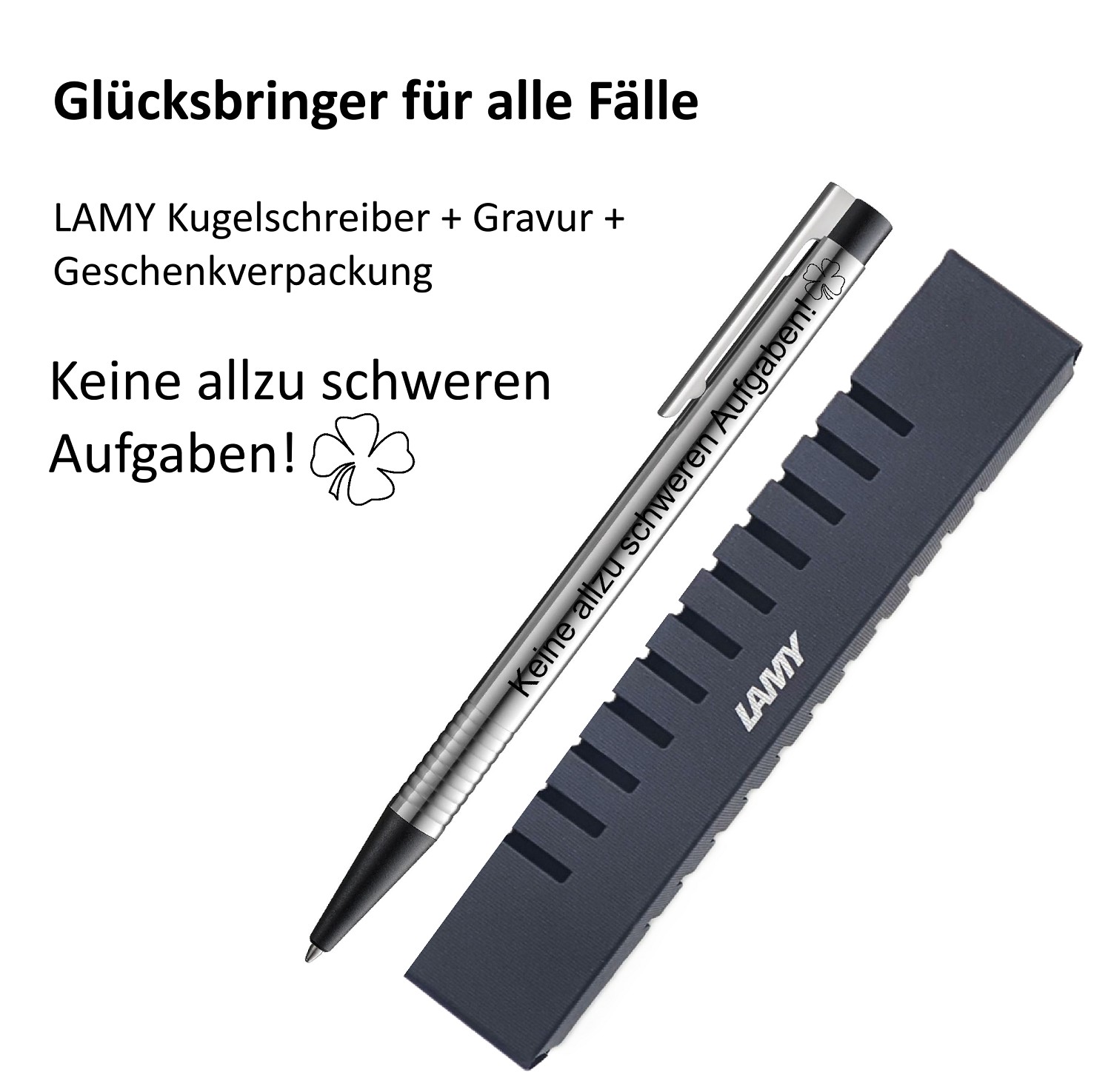 LAMY Kugelschreiber schwarz Geschenk Gravur Kleeblatt Prüfung Glücksbringer Keine allzu schweren Aufgaben!