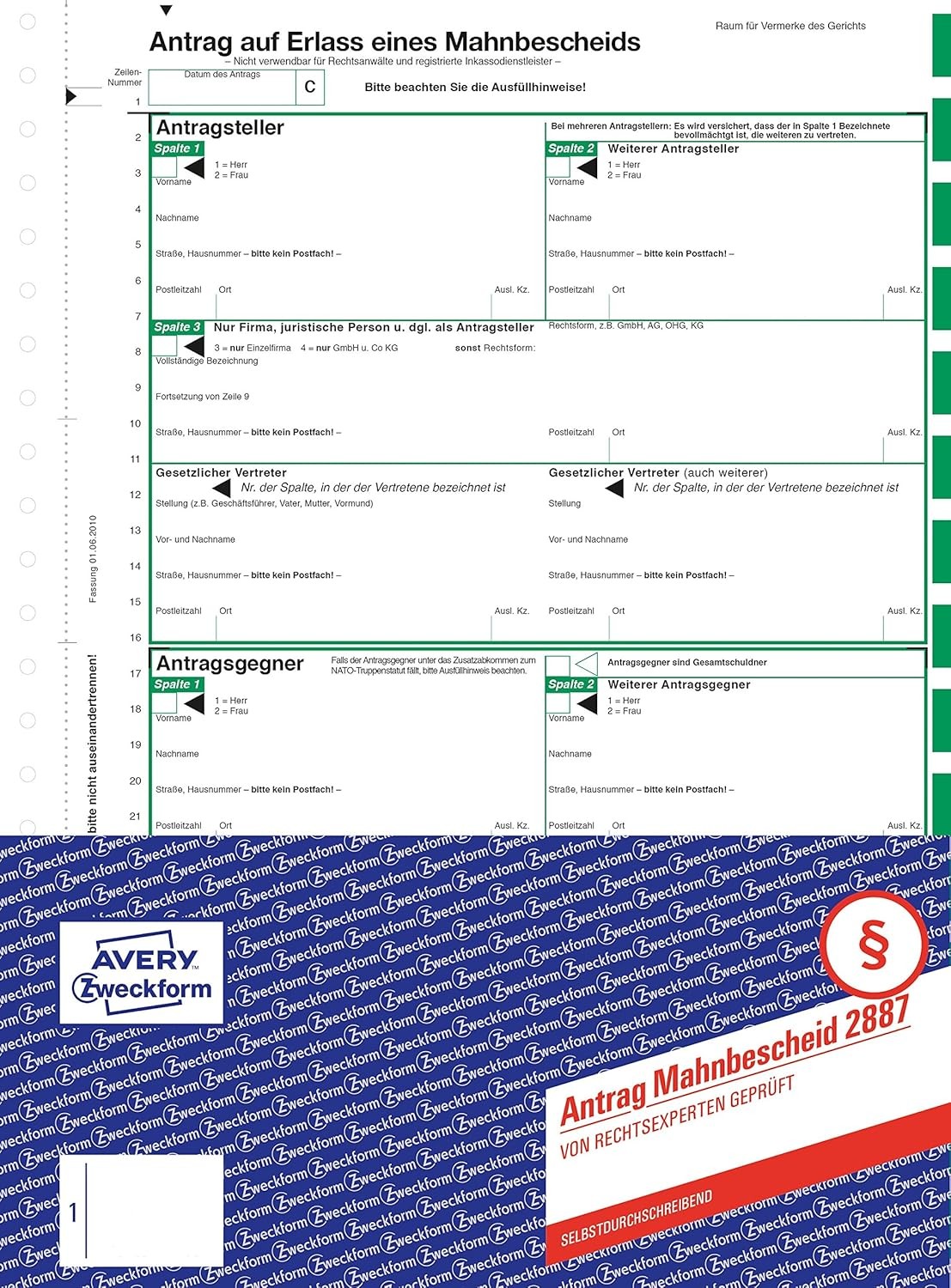 1x AVERY ZWECKFORM 2887 MAHNBESCHEID A4 - selbstdurchschreibend - 2 seitig