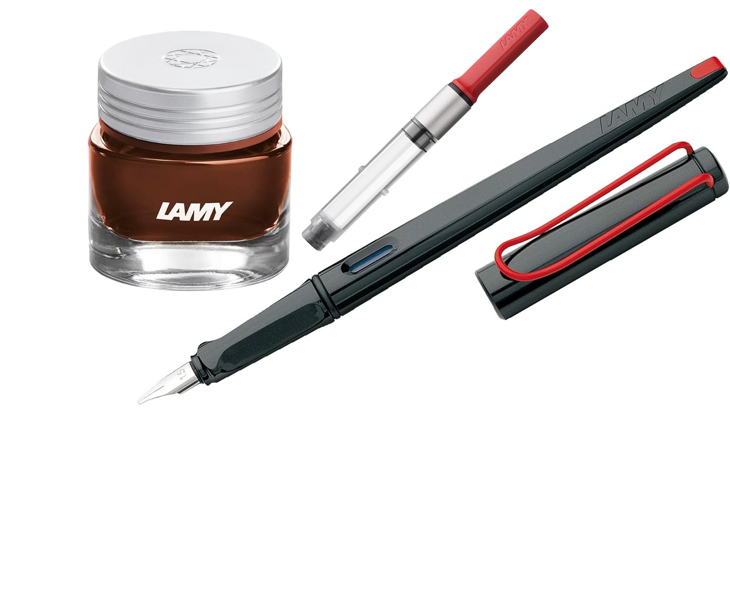 LAMY Geschenk Set - Kalligrafie Joy Füller 015 Schwarz - Kunststoff + Konverter Rot z28 + Tintenglas/Crystal Ink T53 Topaz/Braun