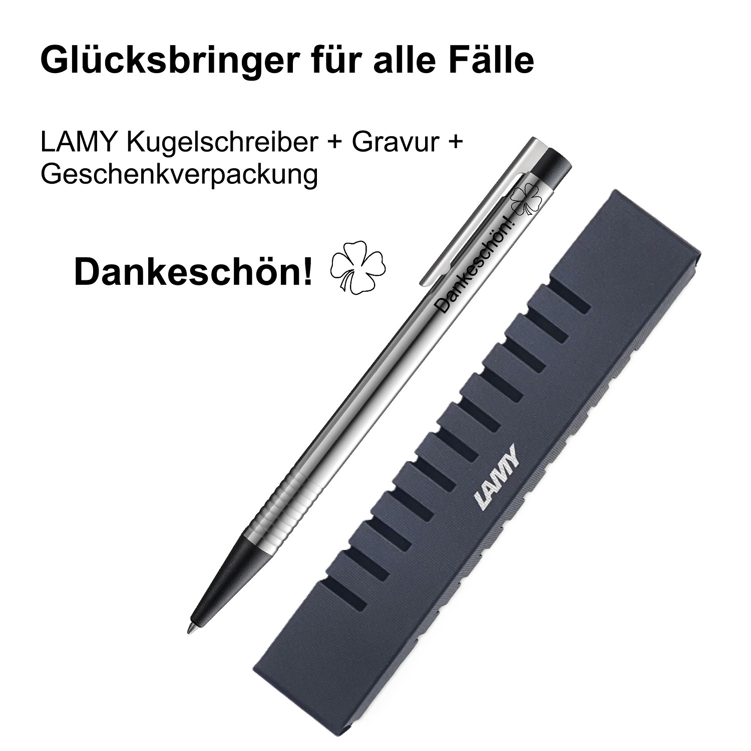 LAMY Kugelschreiber schwarz Geschenk Gravur Kleeblatt Prüfung Glücksbringer Dankeschön!