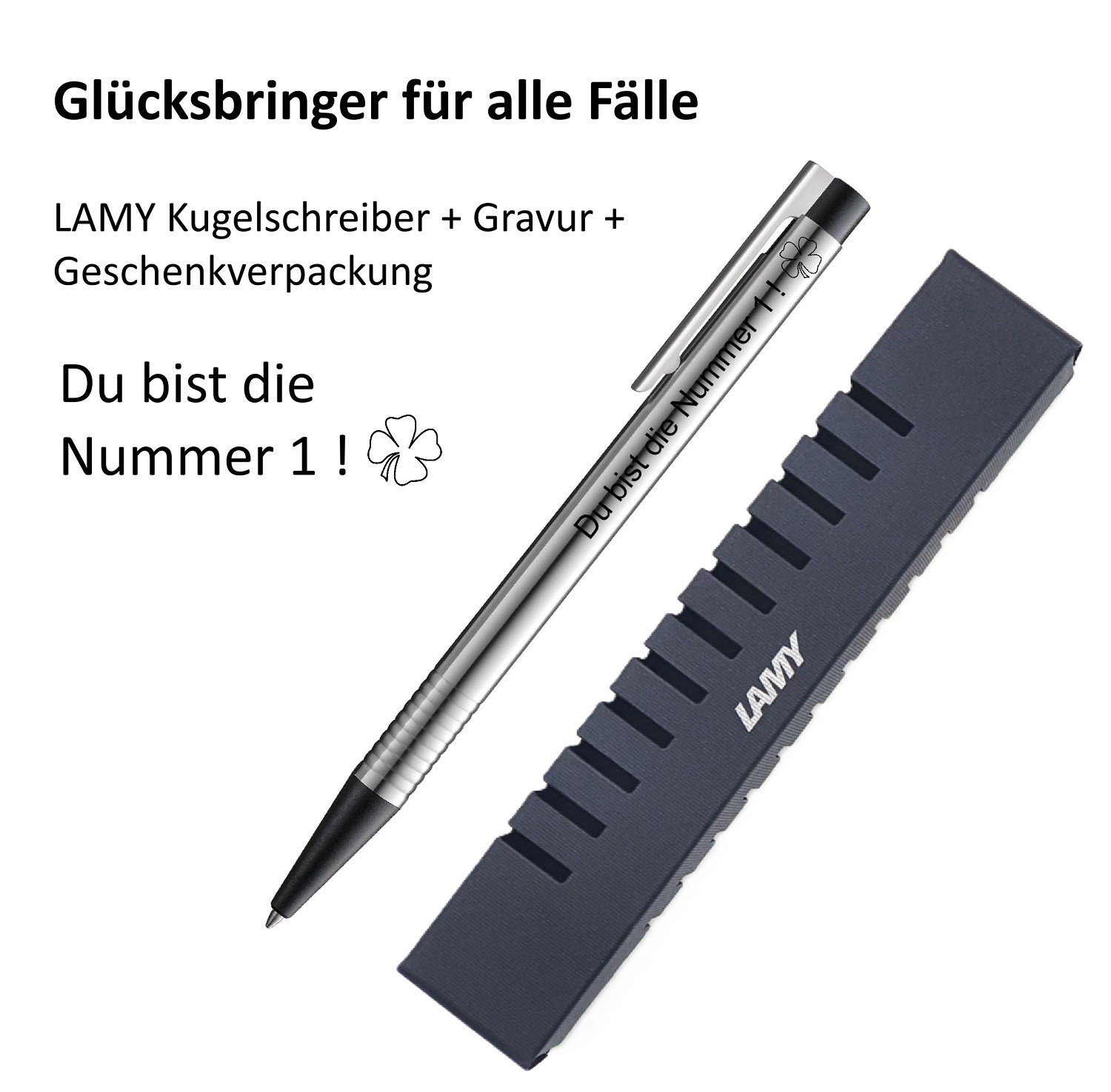 LAMY Kugelschreiber schwarz Geschenk Gravur Kleeblatt Prüfung Glücksbringer Du bist die Nummer 1 !