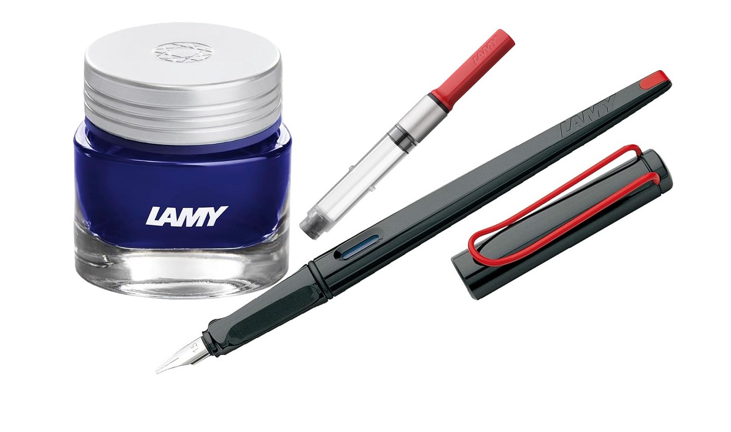 LAMY Geschenk Set - Kalligrafie Joy Füller 015 Schwarz - Kunststoff + Konverter Rot z28 + Tintenglas/Crystal Ink T53 Azurite/Dunkel Blau