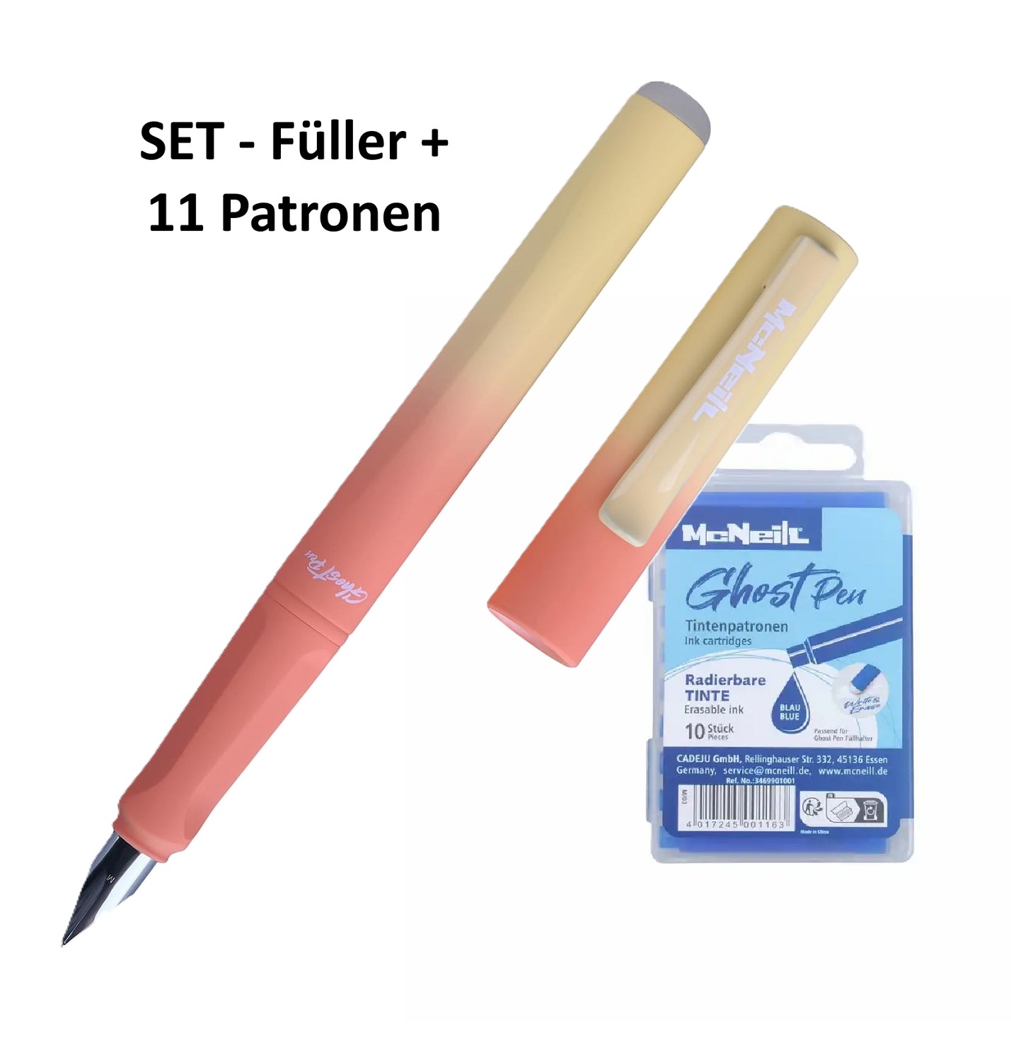 McNeill Ghost Pen Rot/Orange Füller + 11 Patronen blau löschbar/radierbar - SET