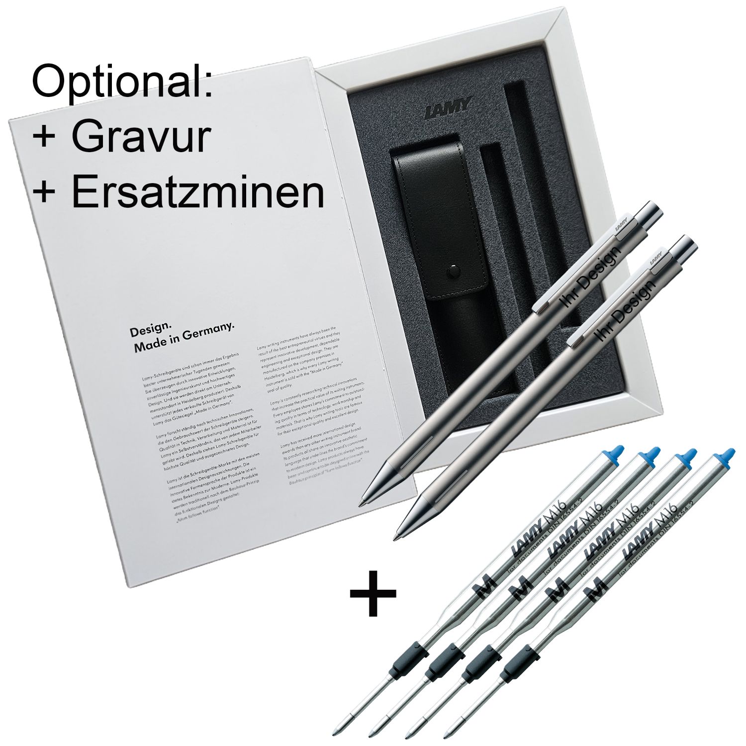 LAMY Econ SET 240 - 2x Kugelschreiber silber matt + brushed Gravur M16 blau Ersatzminen AUSWAHL