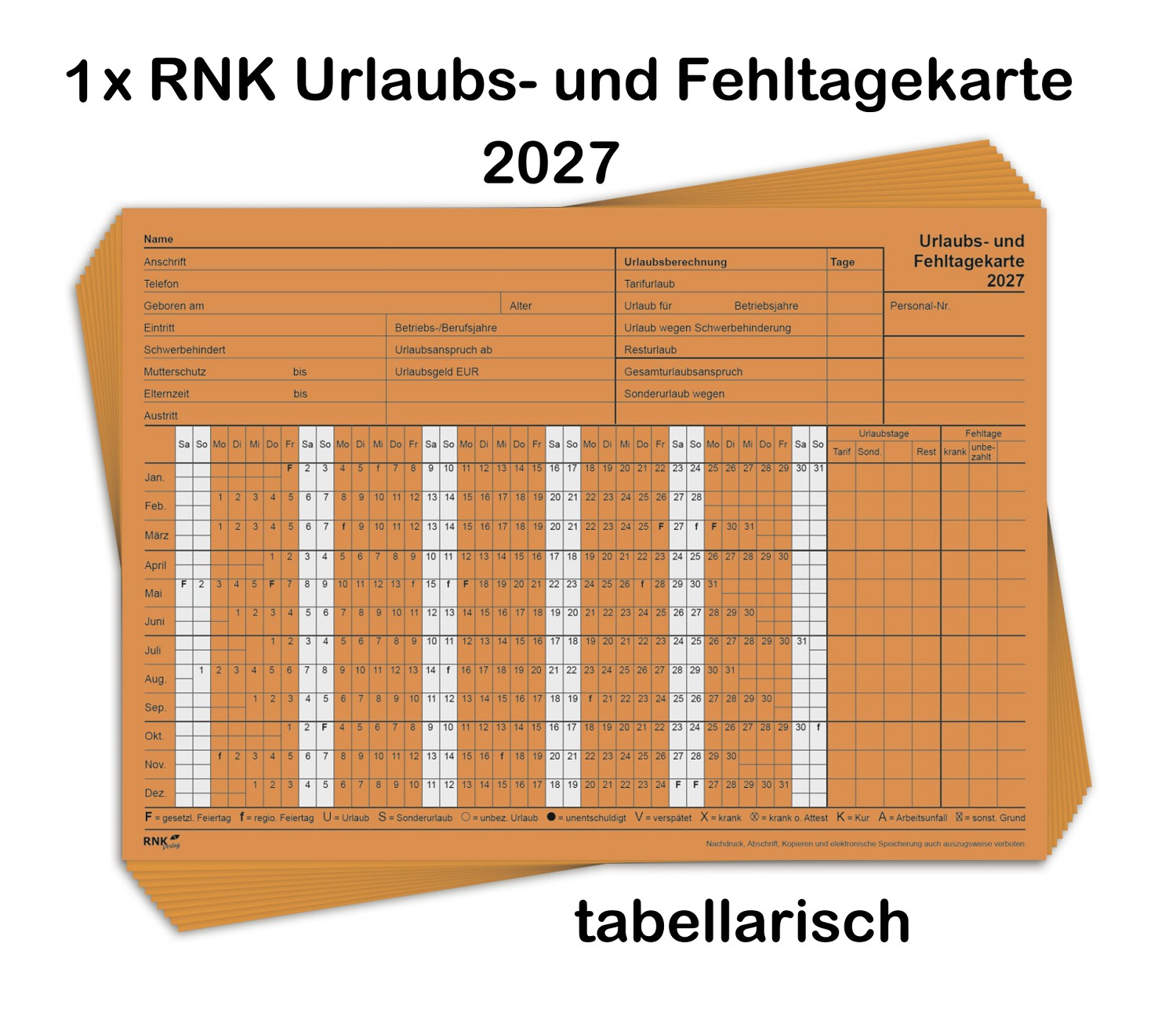 1x RNK Urlaubs- und Fehltagekarte 2027 - Personalplamnung - A5 quer tabellarisch