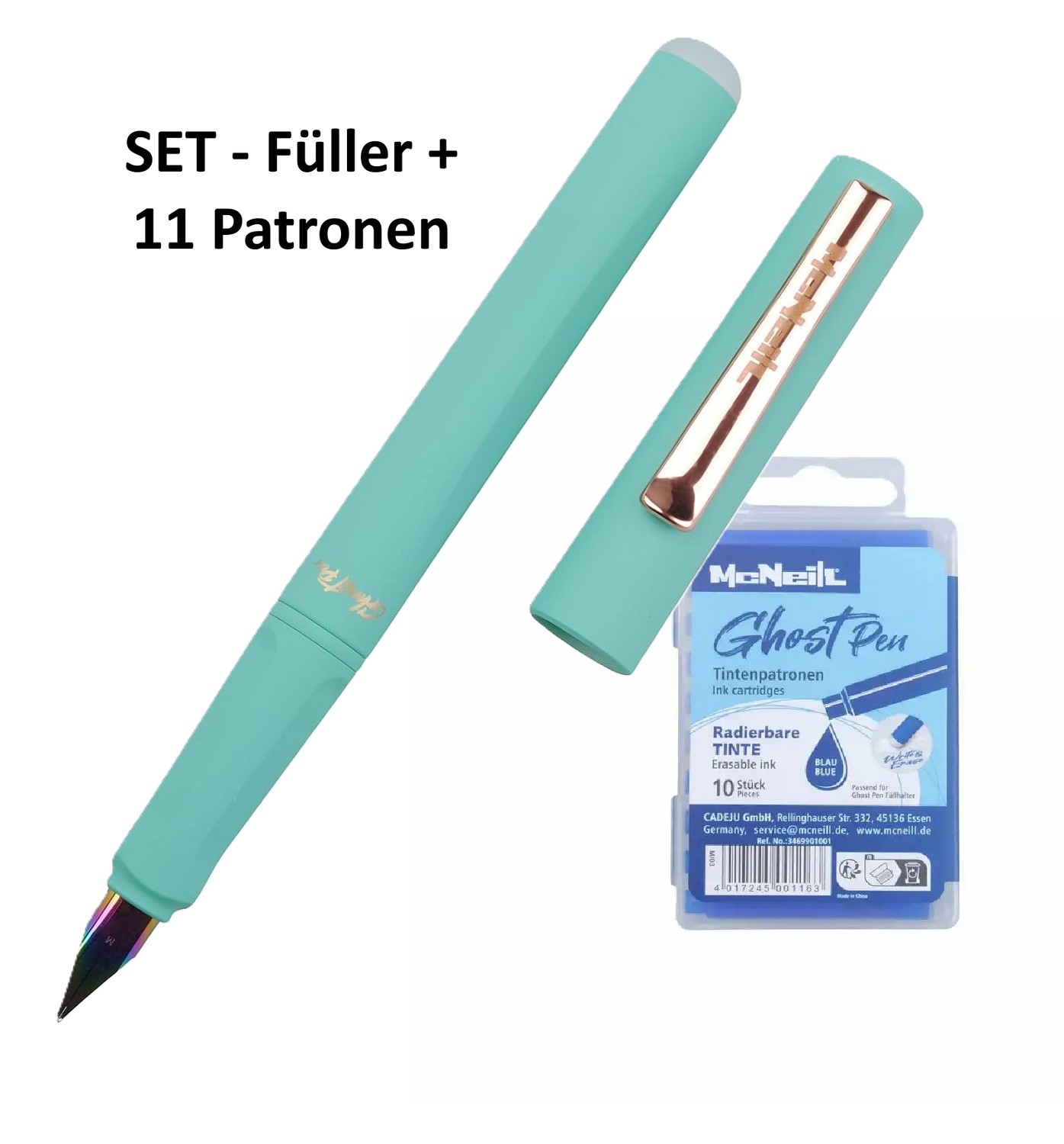 McNeill Ghost Pen Pastell Mint Füller + 11 Patronen blau löschbar/radierbar - SET