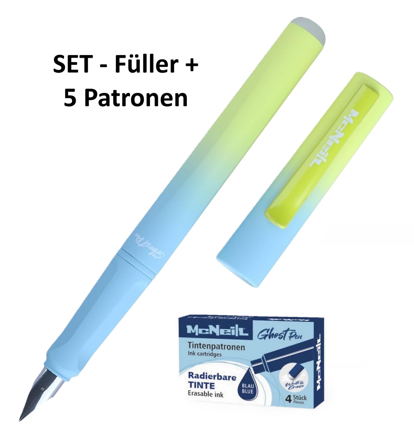 McNeill Ghost Pen Türkis/Blau/Grün Füller + 5 Patronen blau löschbar/radierbar - SET