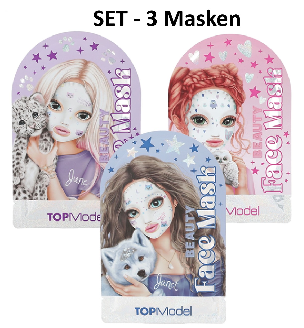 3x TOPMODEL Tuch Maske Face Mask - Pflege für das Gesicht + Feuchtigkeit/Gesichtspflege- Wolf Leopard Eule -  SET