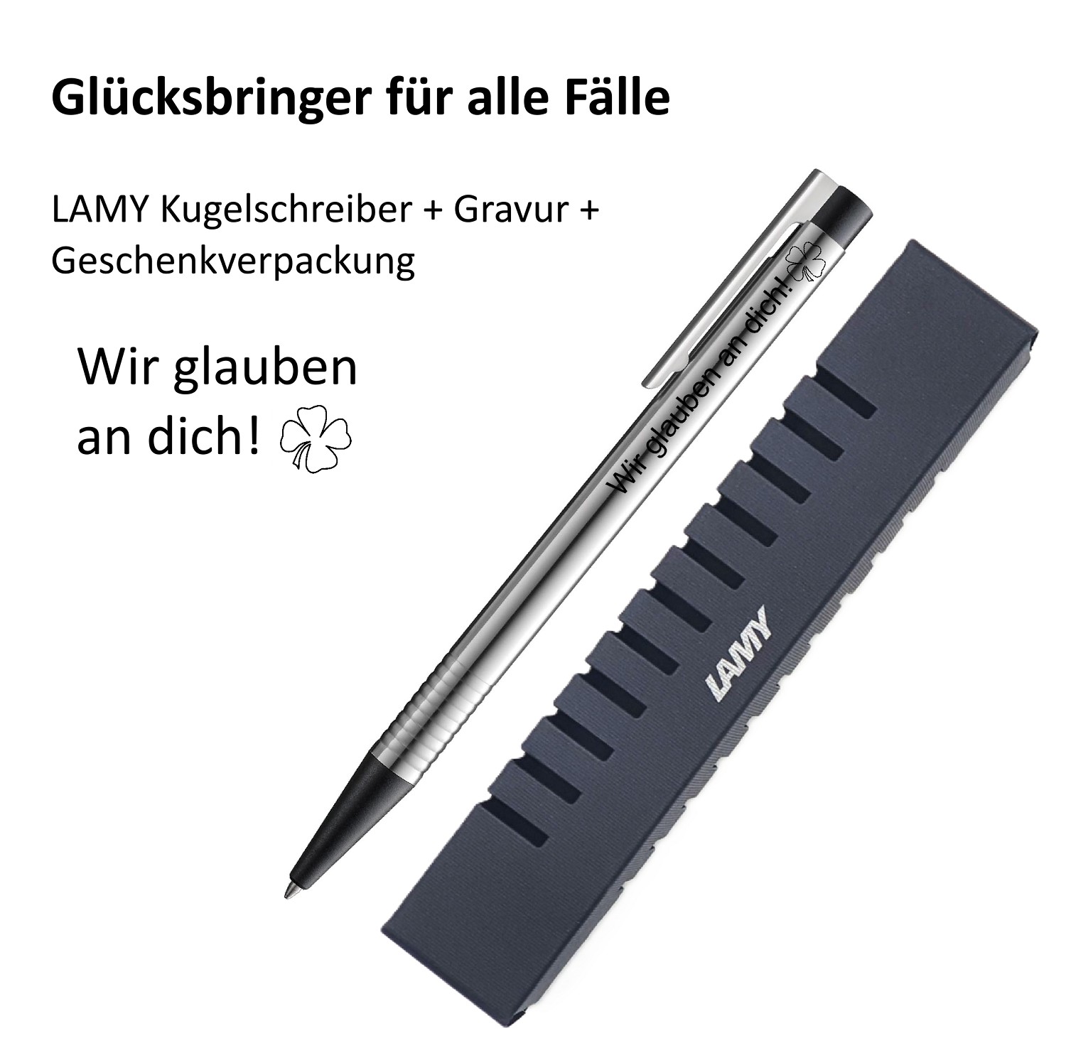 LAMY Kugelschreiber schwarz Geschenk Gravur Kleeblatt Prüfung Glücksbringer Wir glauben an dich!