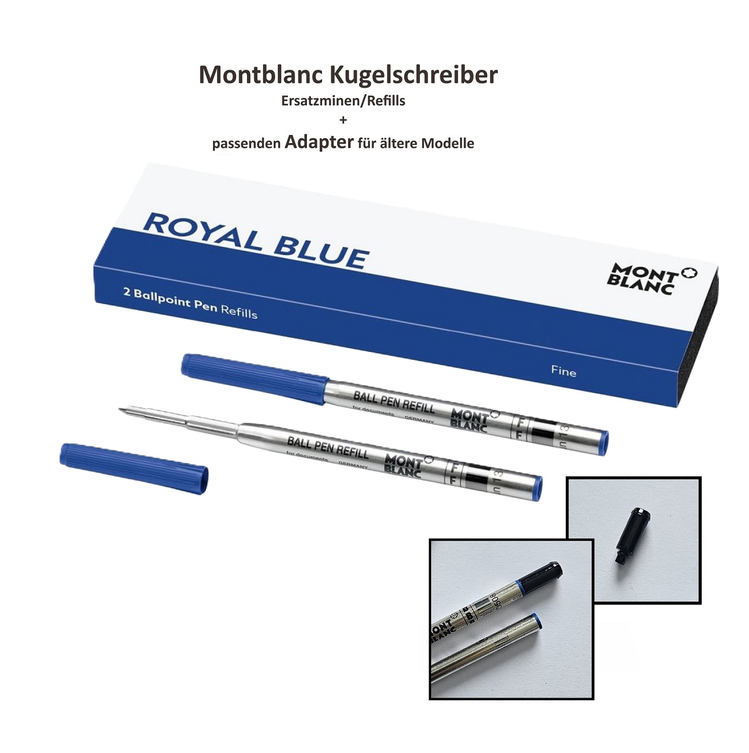 2x MONTBLANC Ersatzmine Kugelschreiber F Blau + 1 x passender Adapter Schwarz