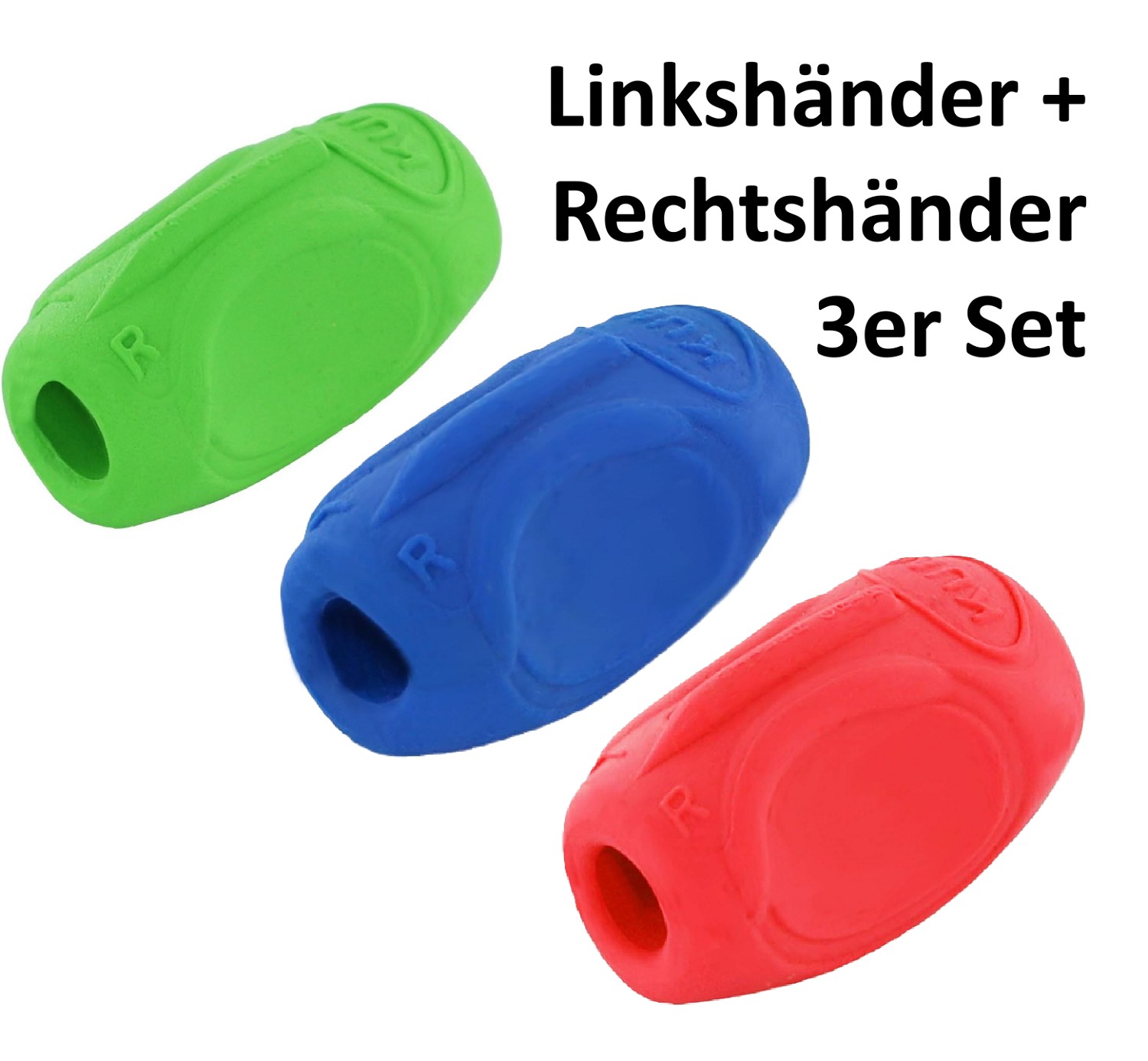 3x Kum Sattler Grip/Schreiblernhilfe/Schreibhilfe Gummi RH + LH blau grün rot