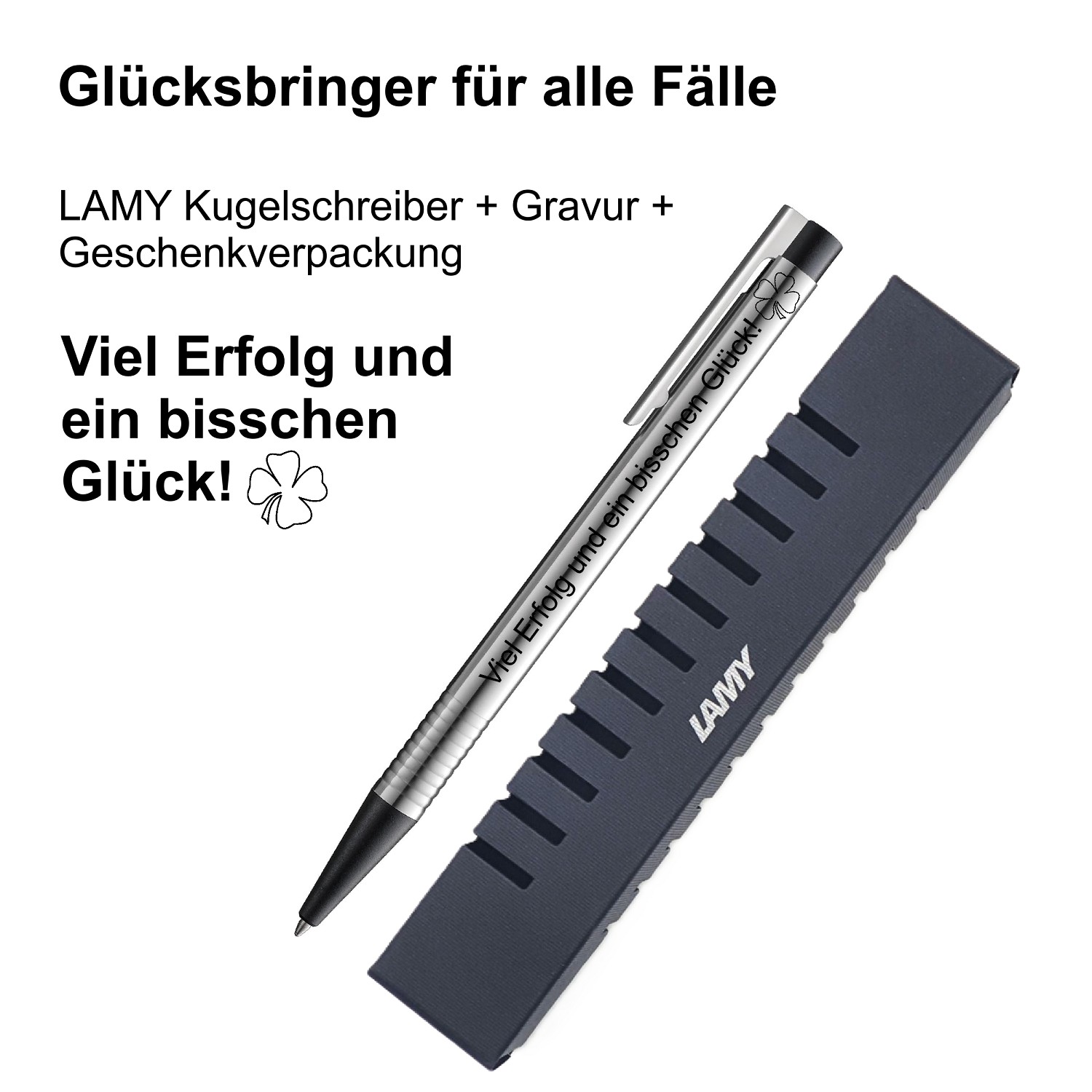 LAMY Kugelschreiber schwarz Geschenk Gravur Kleeblatt Prüfung Glücksbringer Viel Erfolg und ein bisschen Glück!