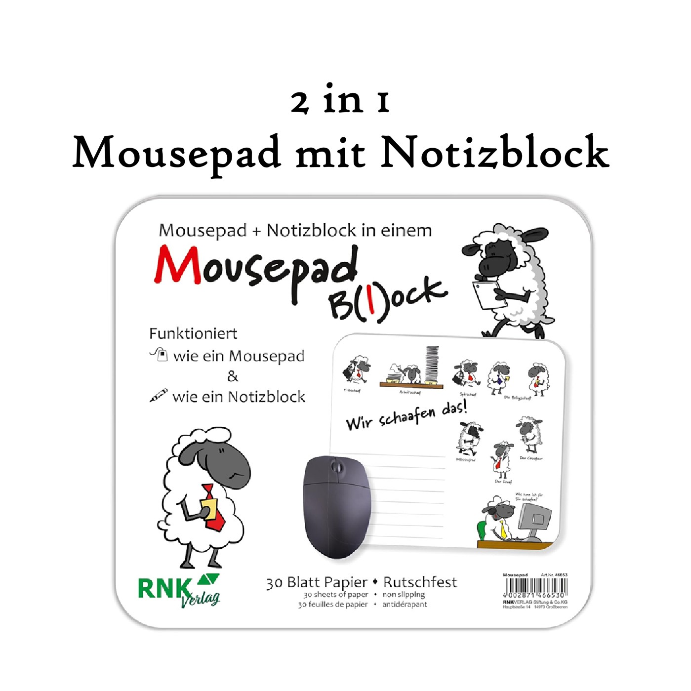RNK Mousepad mit Notizblock - lustiges Schaaf Design - 30 Blatt - geleimt - platzsparend
